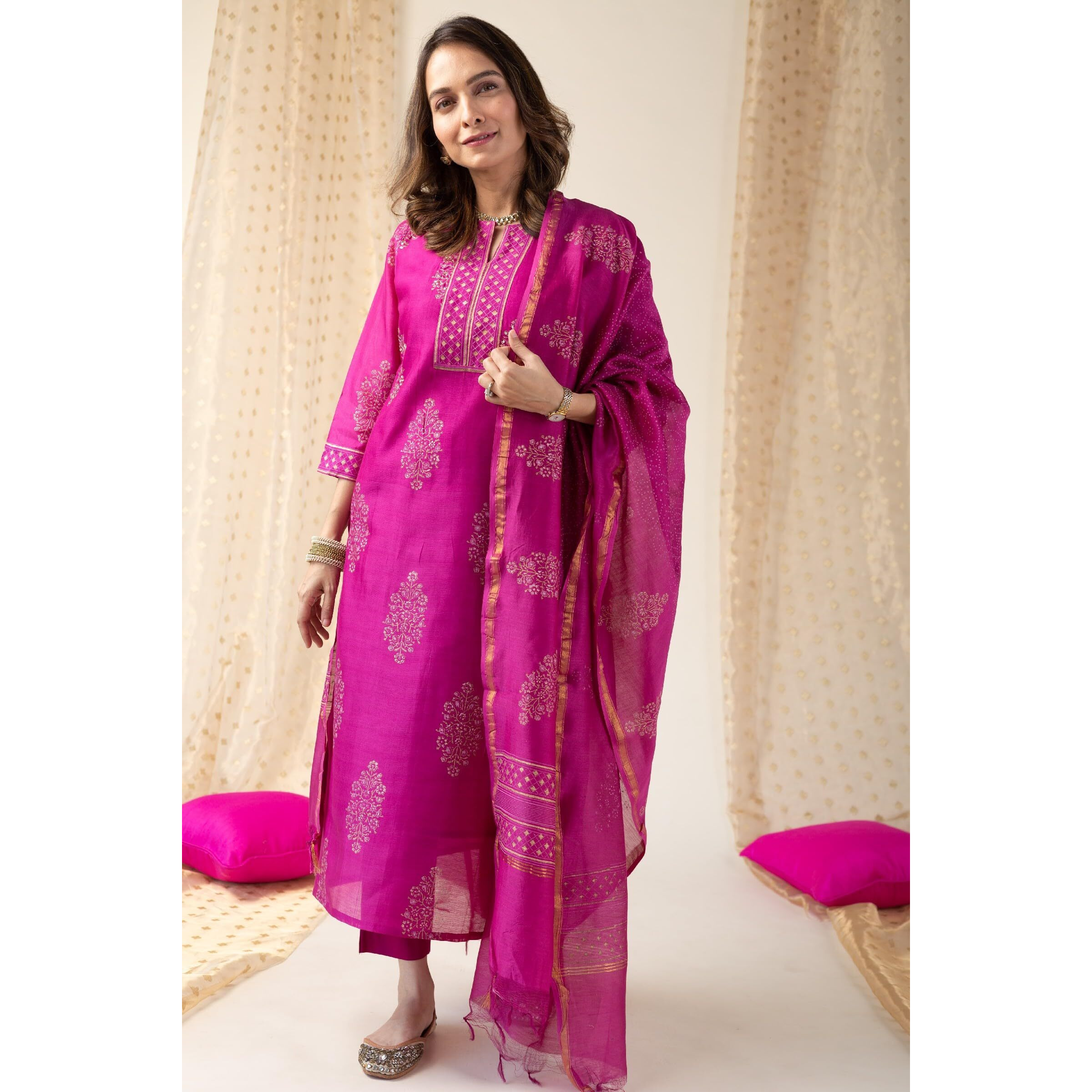 GoSriKi Women's Rayon Blend Straight Printed Kurta with Pant & Dupatta (MANGAI Pink-GS_S_Pink_Small)