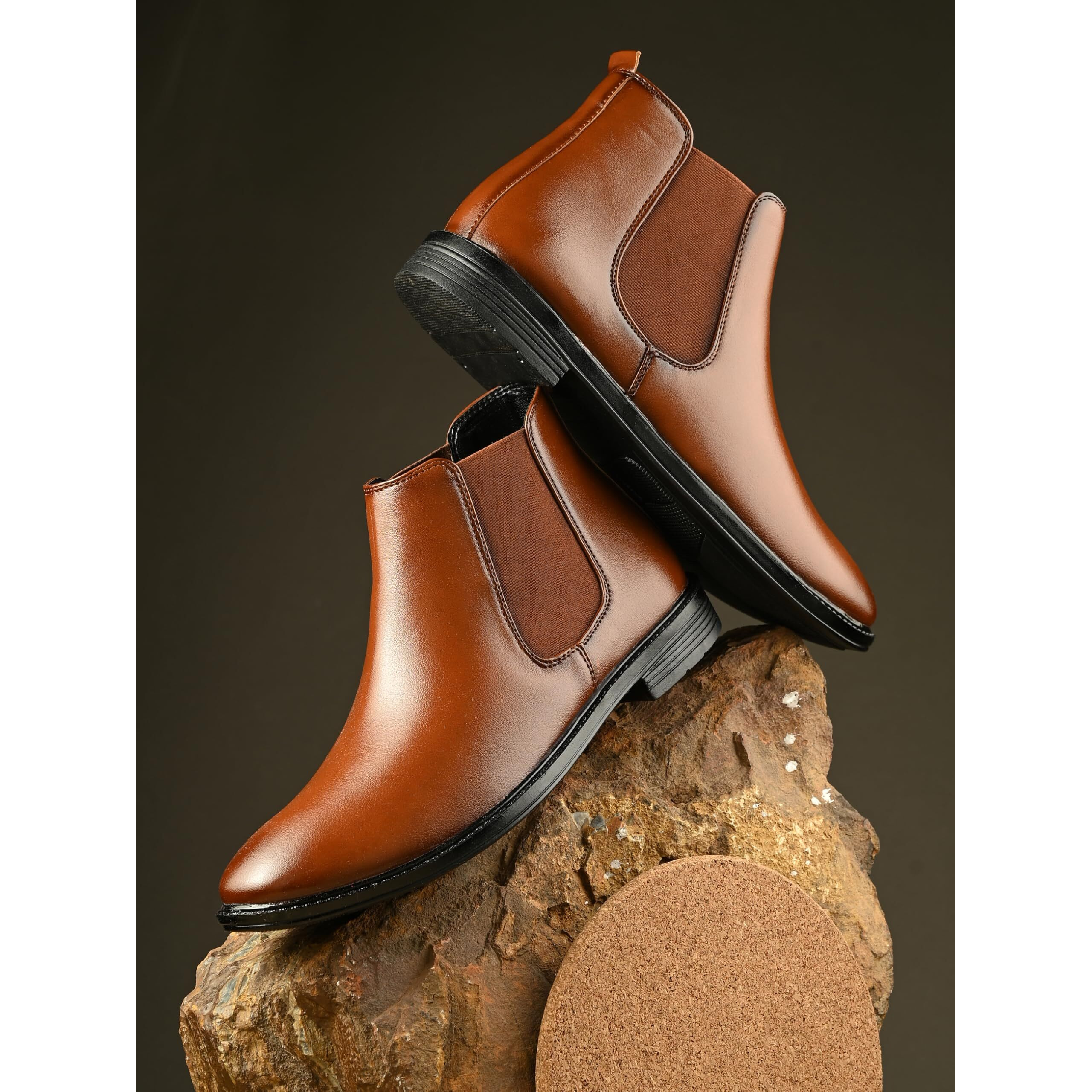 AADI Men's Tan Synthetic Leather Lightweight Comfortable Trendy Outdoor Casual Shoes Slip On Chelsea Boots