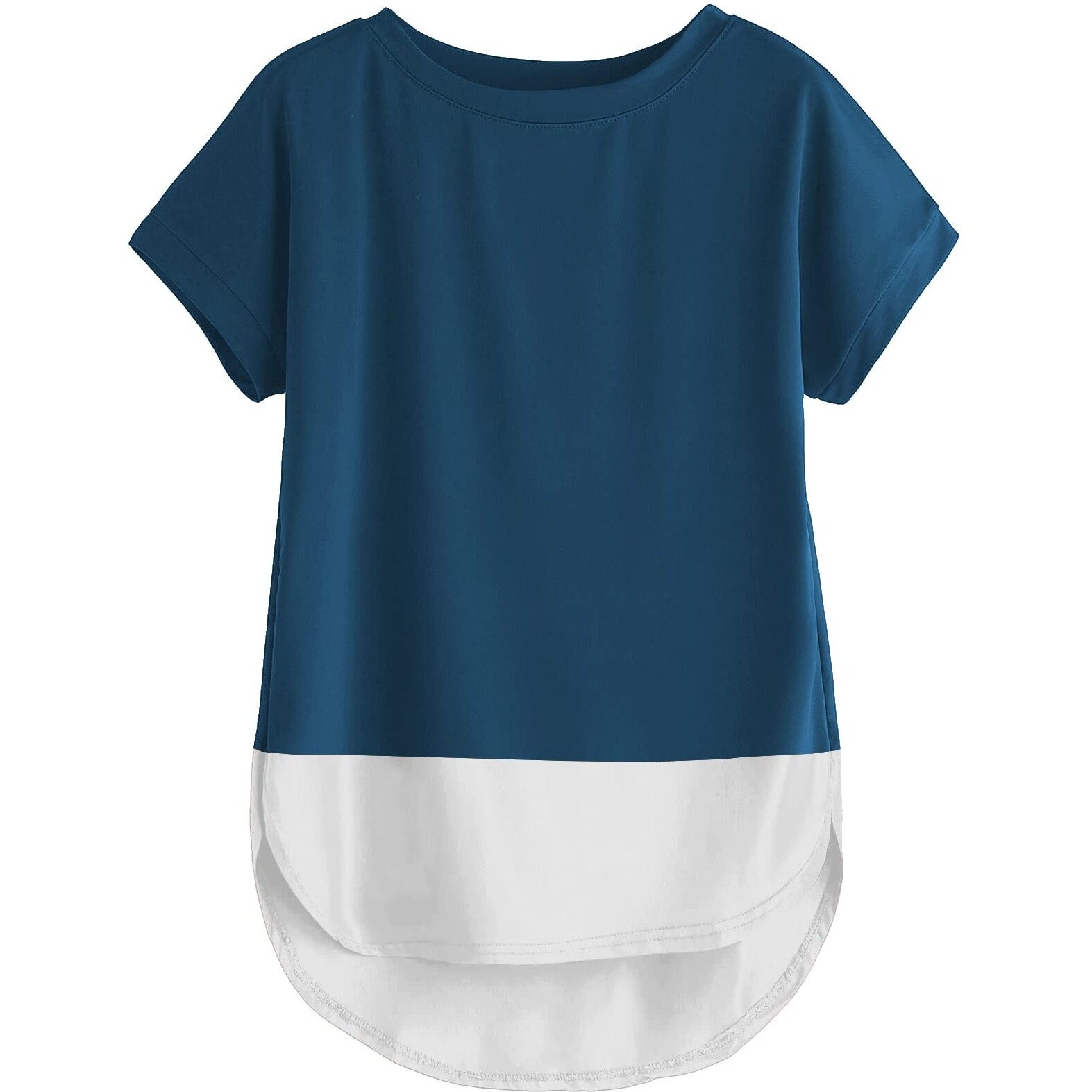 Fabricorn Plain Airforce Blue and White Round Neck Up and Down Cotton Tshirt for Women (Airforce Blue & White, Medium)