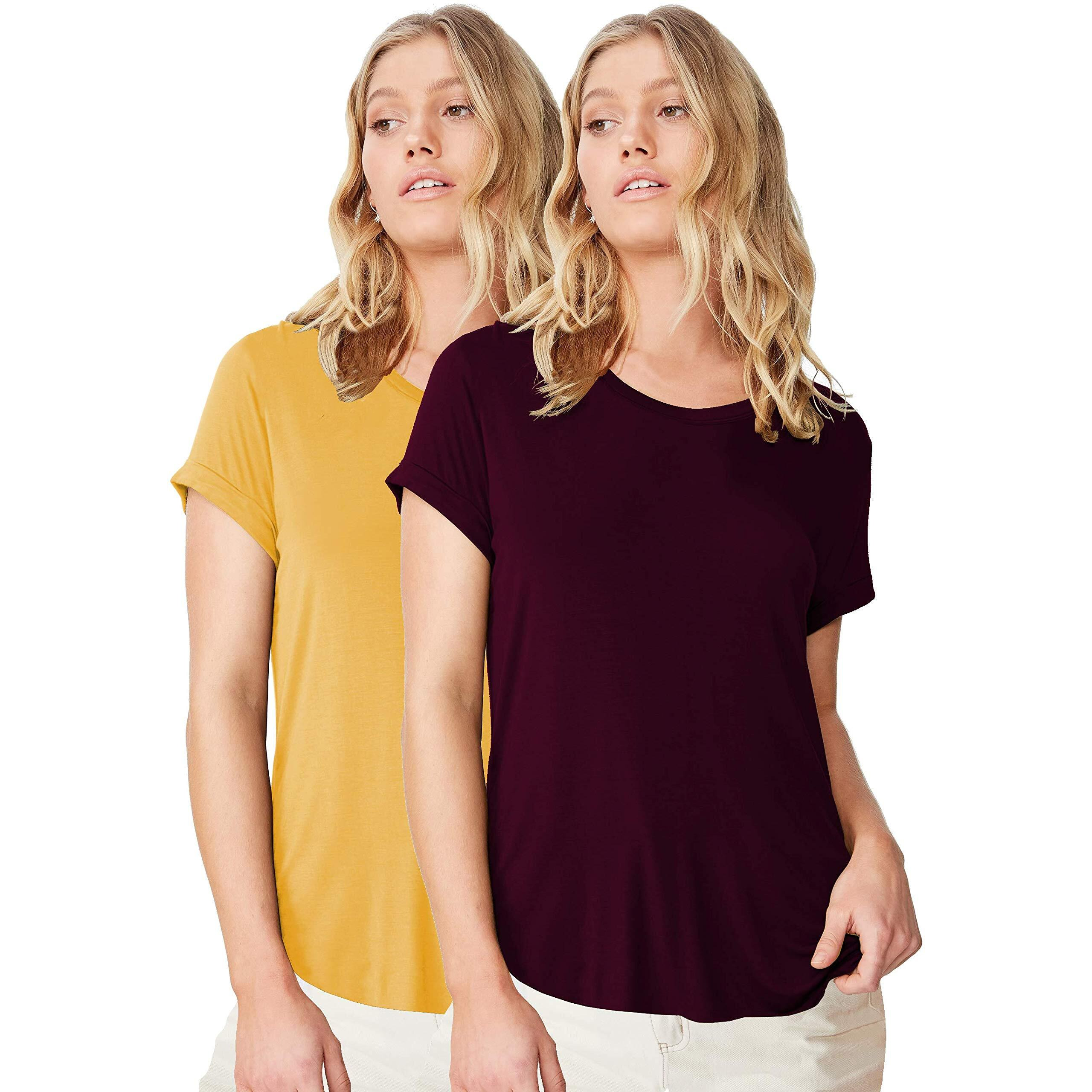 Fabricorn Women's T-Shirts (CMB01_Wine_YLW_UpDown_XL_Wine Mustard Yellow_X, Large)