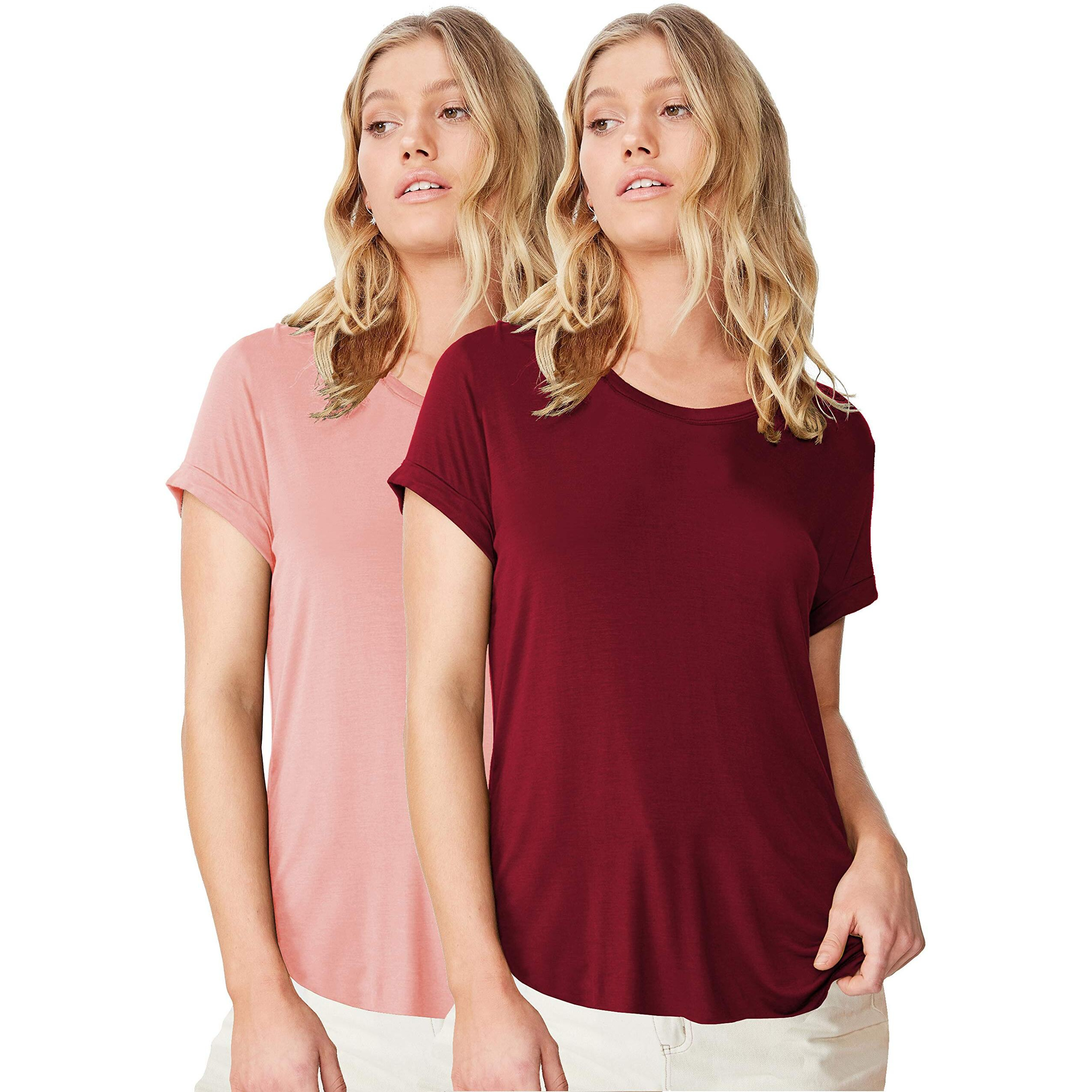 Fabricorn Stylish Combo of Plain Burgundy and Dusty Rose Color Up and Down Cotton Tshirt for Women (Dusty Rose and Burgundy, XX-Large)
