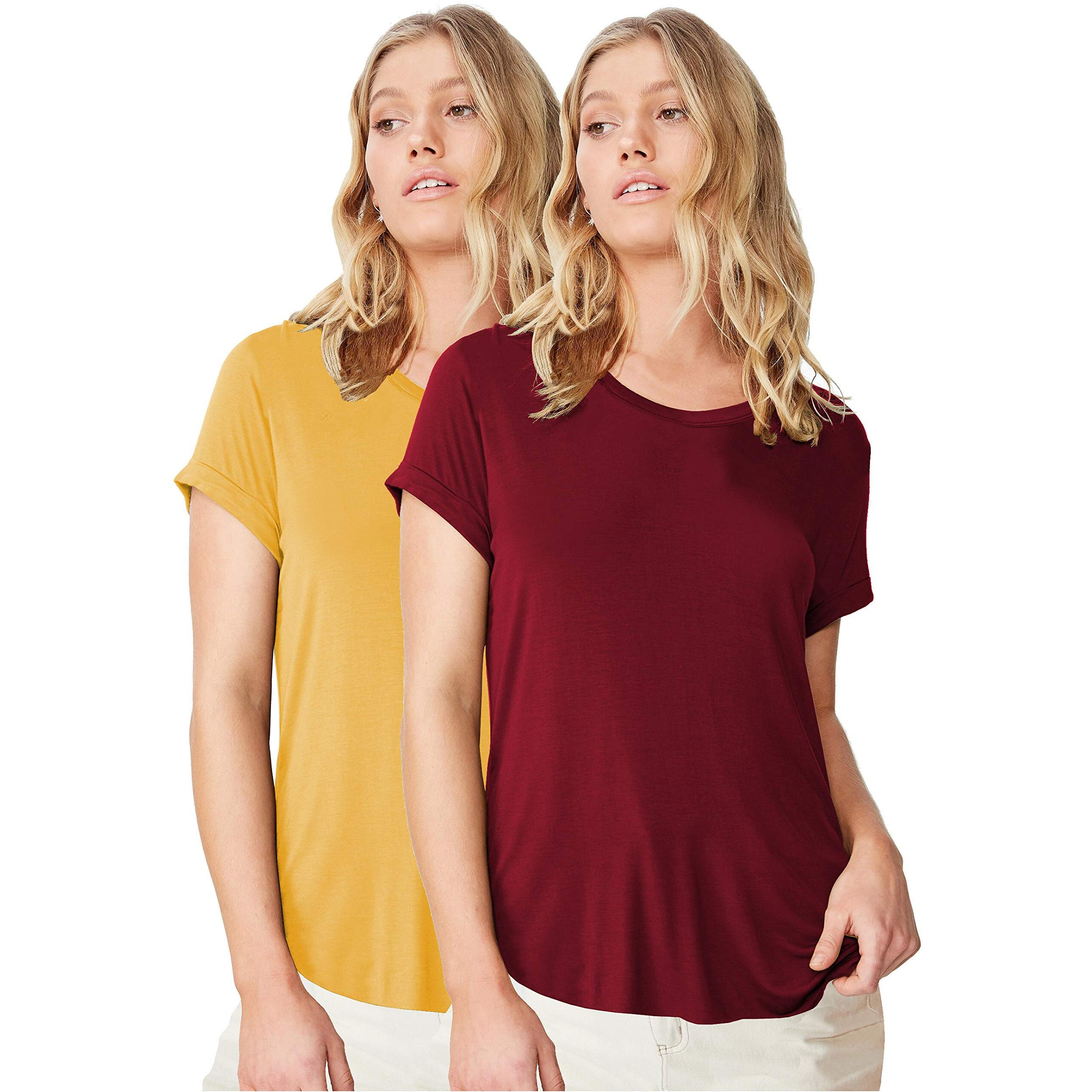 Fabricorn Stylish Combo of Plain Burgundy and Mustard Yellow Color Up and Down Cotton Tshirt for Women (Mustard Yellow and Burgundy, Large)