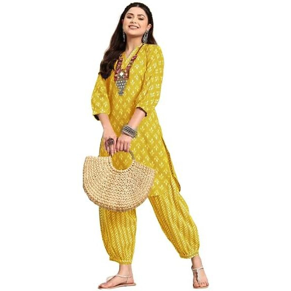 LookMark Women's Trendy Printed Cotton Blend Straight Kurta and Afghani Pant Set Perfect For Casual and Office Wear (AZ-LM-OG-KS2070 MUSTARD-S)