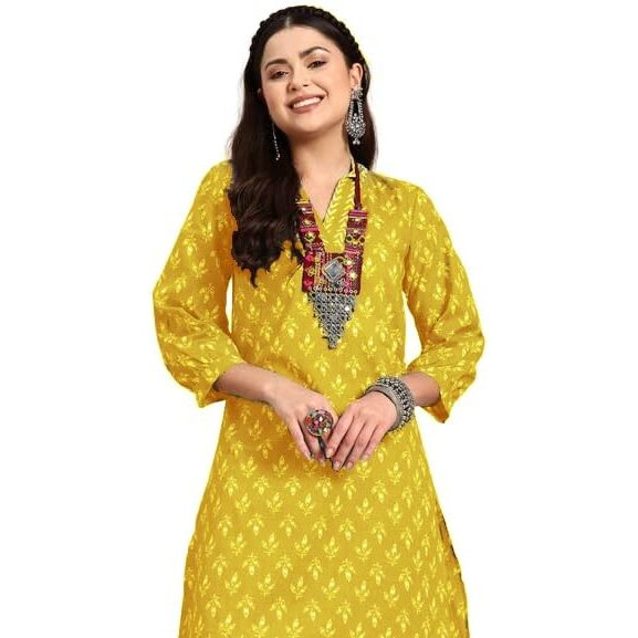 LookMark Women's Trendy Printed Cotton Blend Straight Kurta and Afghani Pant Set Perfect For Casual and Office Wear (AZ-LM-OG-KS2070 MUSTARD-S)