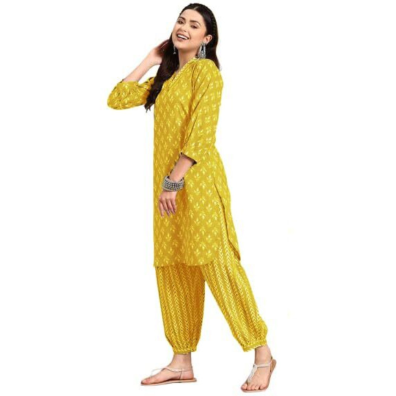 LookMark Women's Trendy Printed Cotton Blend Straight Kurta and Afghani Pant Set Perfect For Casual and Office Wear (AZ-LM-OG-KS2070 MUSTARD-S)