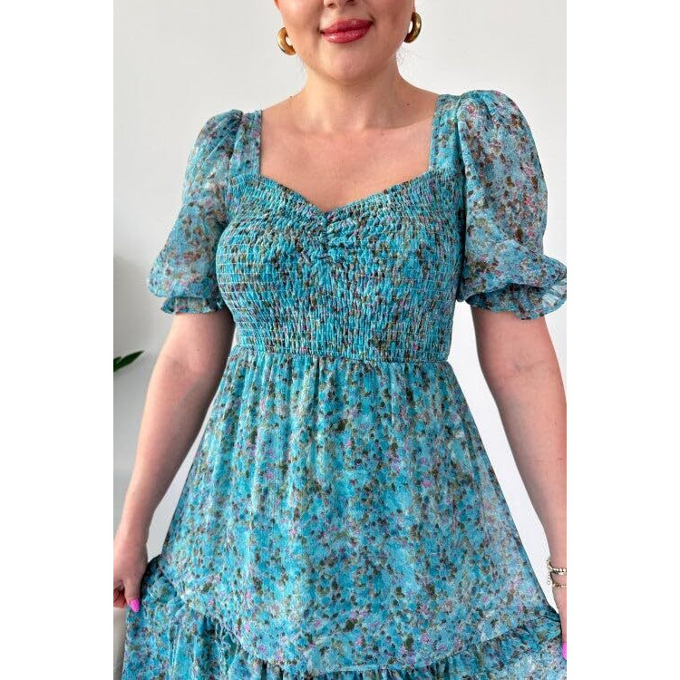 Sheetal Associates Women's Floral Puff Sleeve High Waist A Line Flowy Long Dress (Medium, Light Blue)