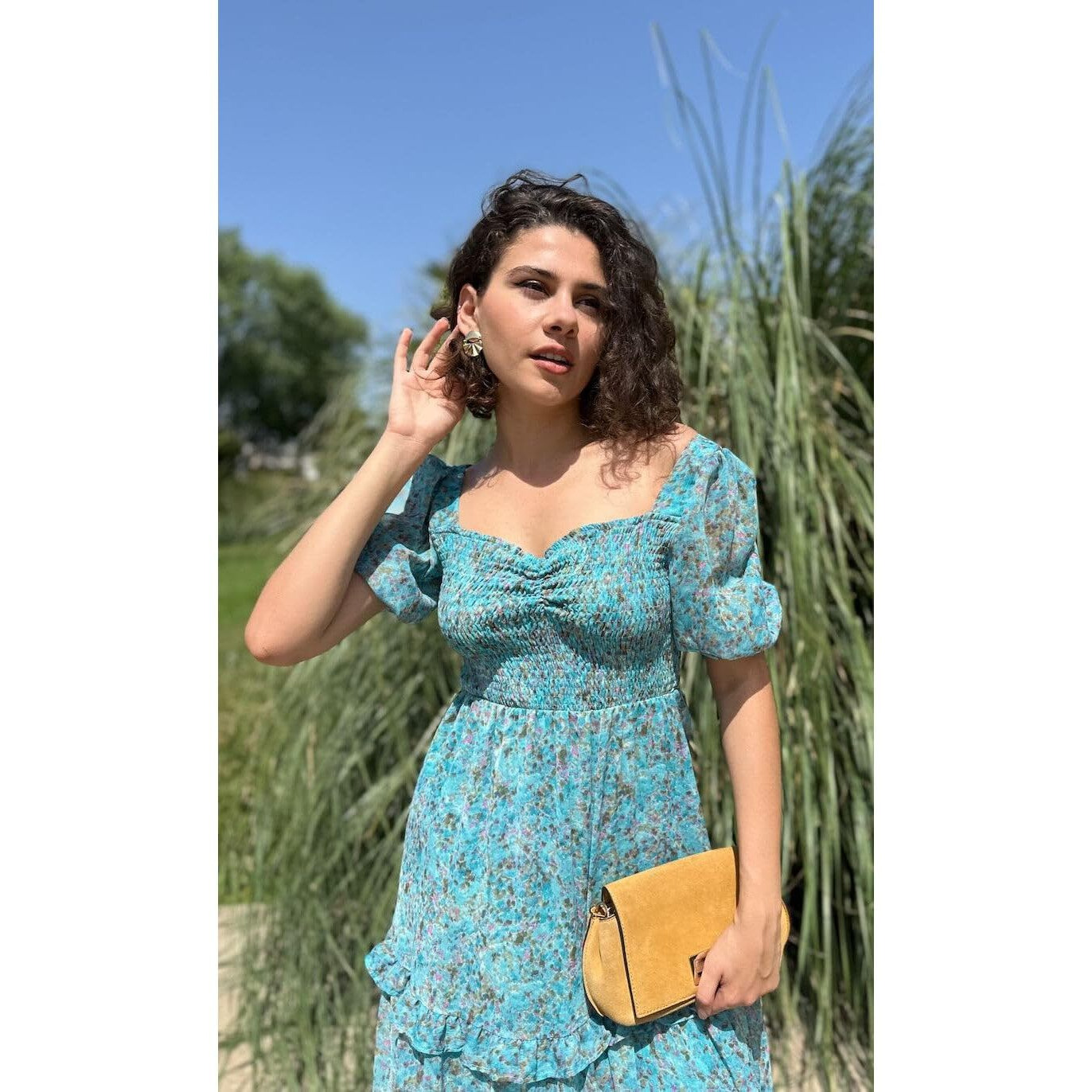 Sheetal Associates Women's Floral Puff Sleeve High Waist A Line Flowy Long Dress (Medium, Light Blue)