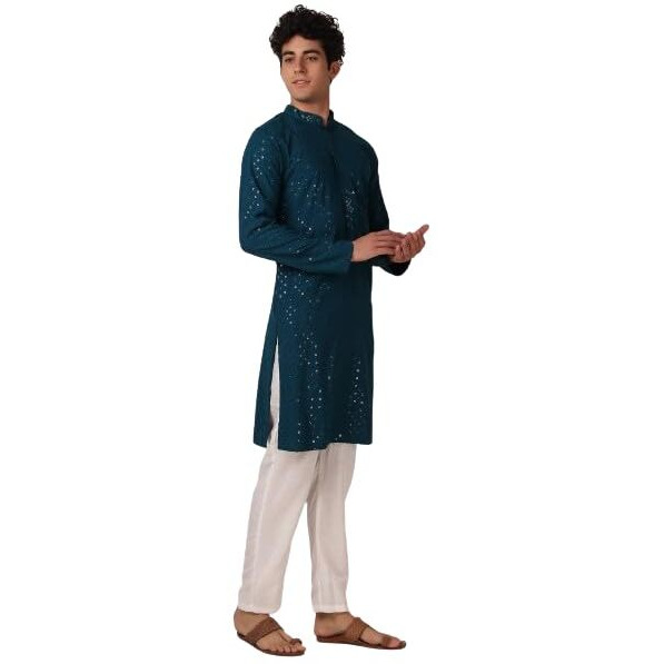 LookMark Present Men's Pure Rayon Chikankari Sequins Kurta||Men's Chikankari Rama Coloured Kurta|| AZ-LM-OG-Kurta 11 RAMA-XXL