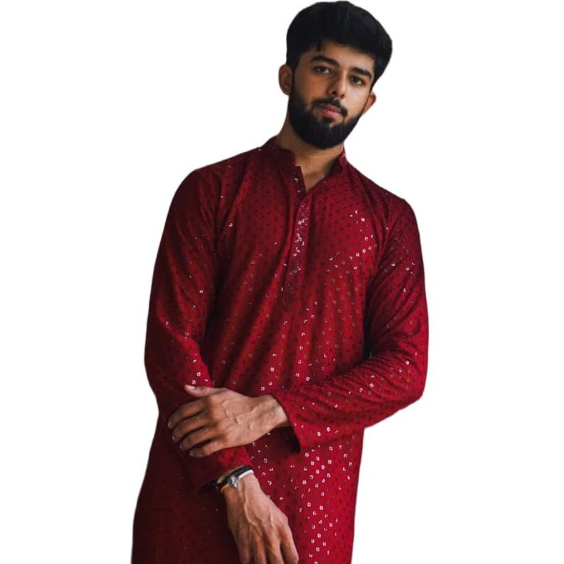 LookMark Present Men's Pure Rayon Chikankari Sequins Kurta||Men's Chikankari Maroon Coloured Kurta|| AZ-LM-OG-Kurta 11 Maroon-XL