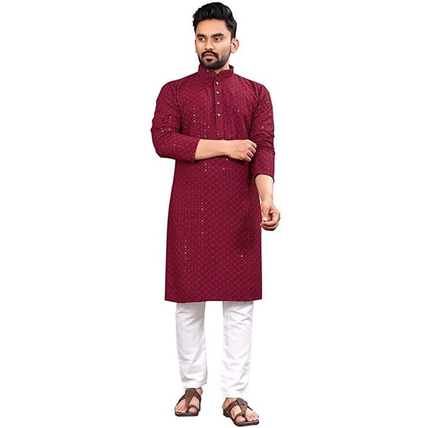 LookMark Present Men's Pure Rayon Chikankari Sequins Kurta||Men's Chikankari Maroon Coloured Kurta|| AZ-LM-OG-Kurta 11 Maroon-XL