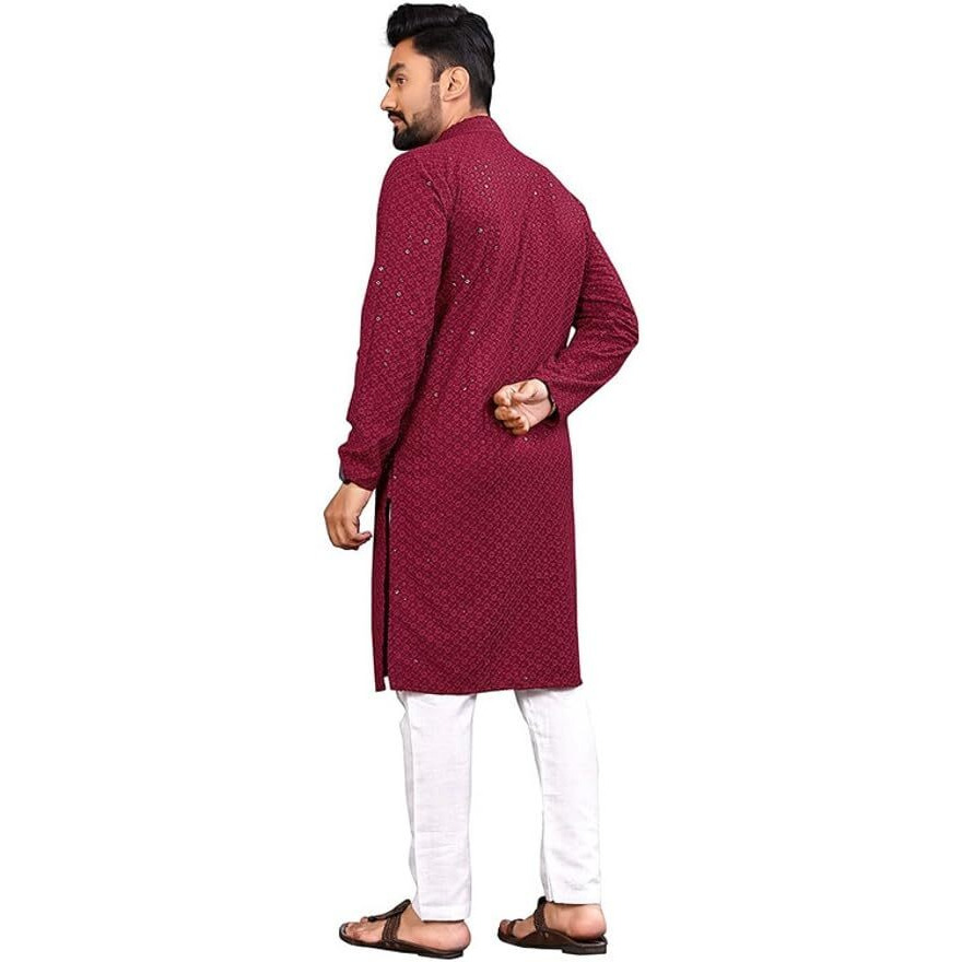 LookMark Present Men's Pure Rayon Chikankari Sequins Kurta||Men's Chikankari Maroon Coloured Kurta|| AZ-LM-OG-Kurta 11 Maroon-XL