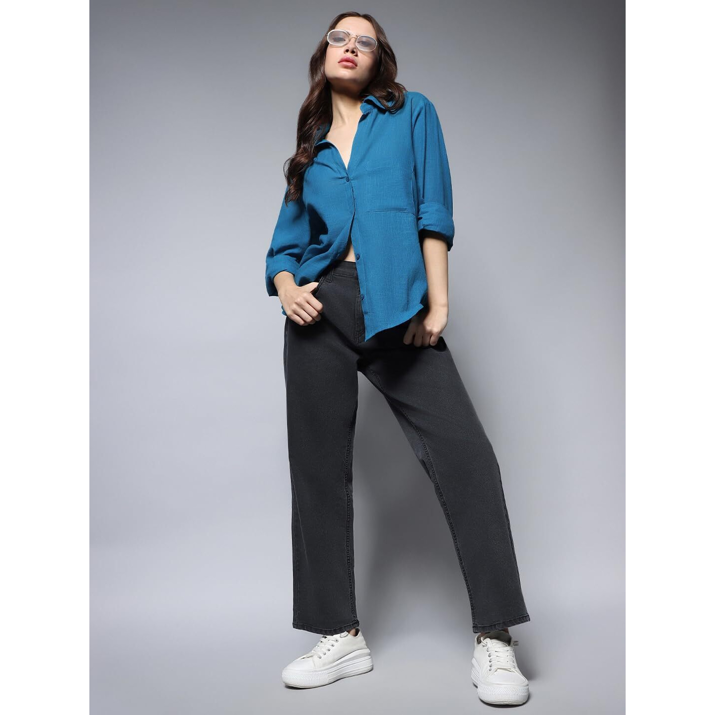 HIGH STAR Women's Oversized Fit Shirt (HSWSHW23509_BL_Blue