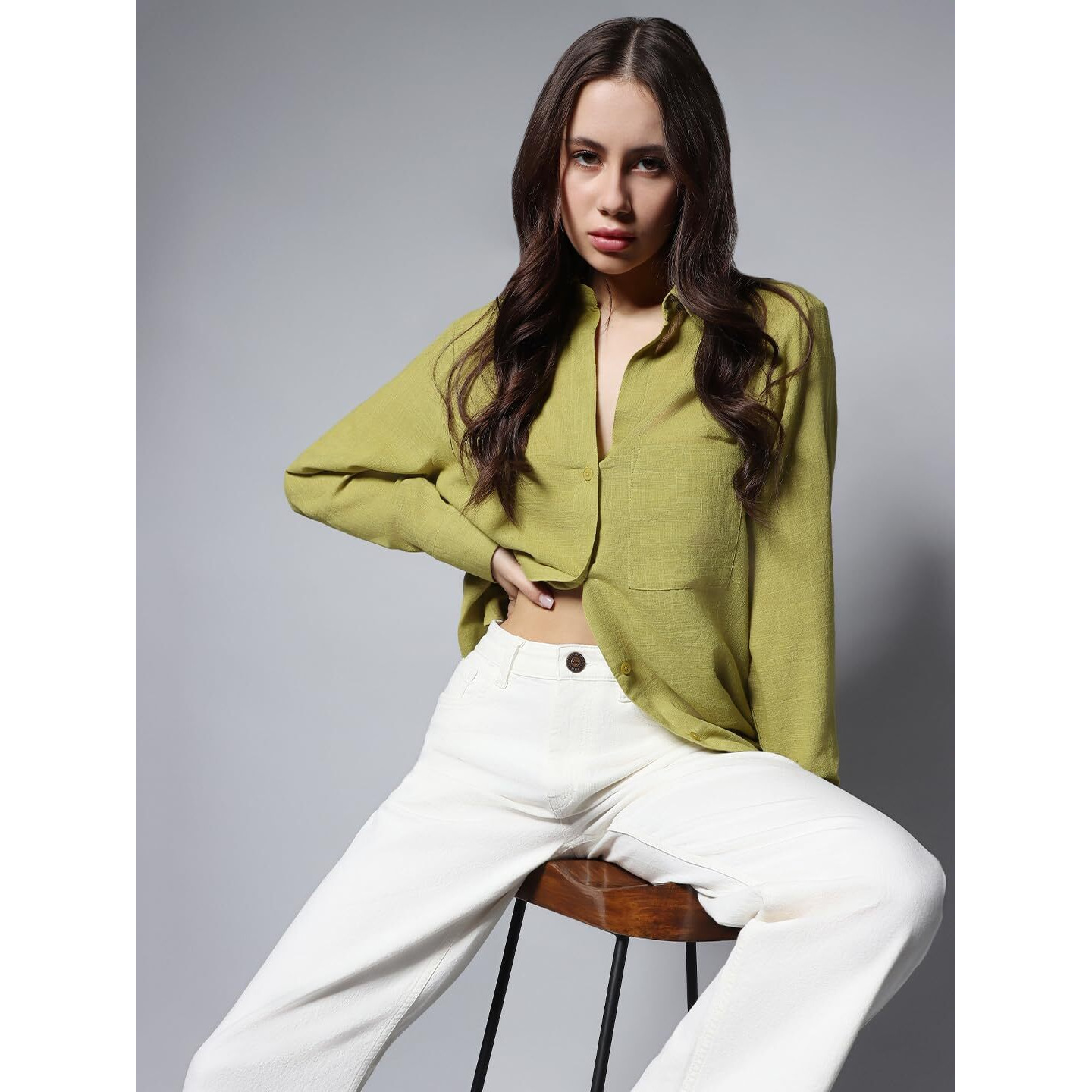 HIGH STAR Women's Oversized Shirts (HSWSHW23509_GN_Green M)