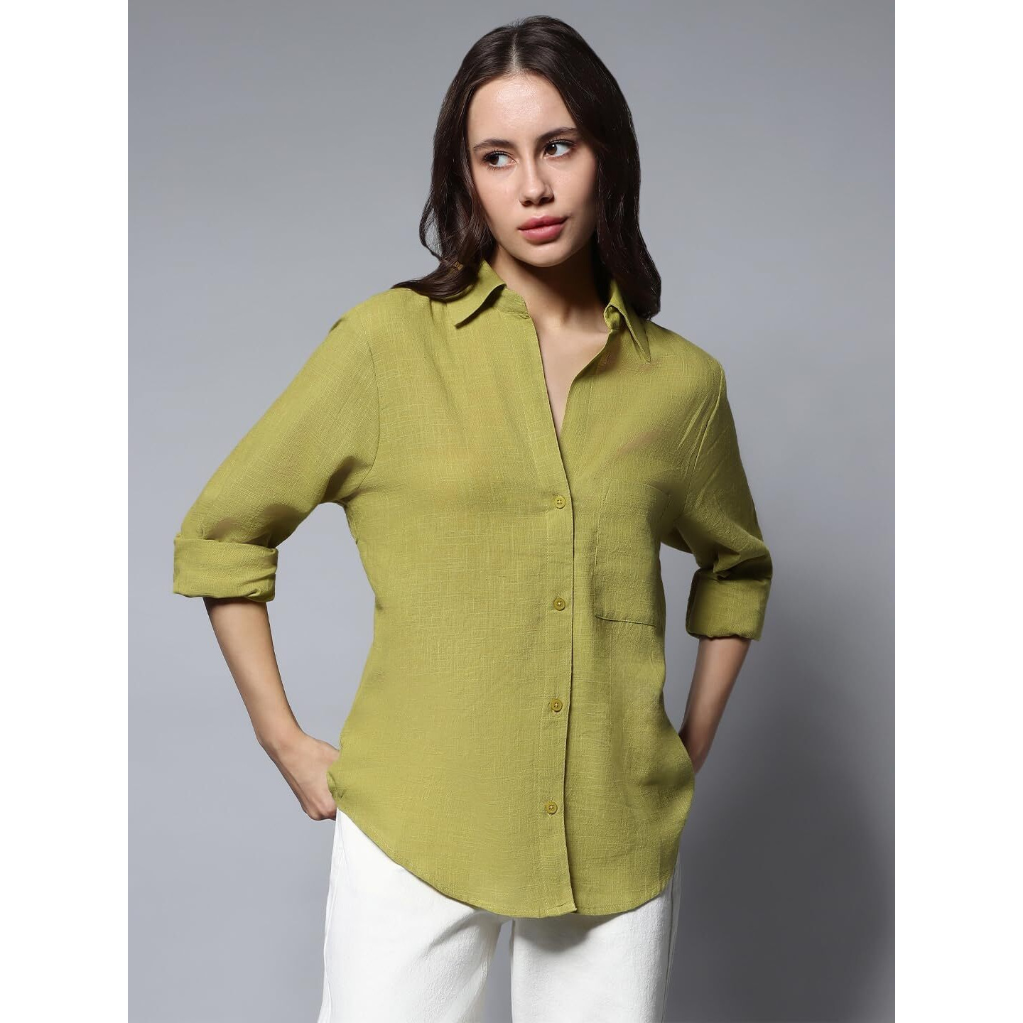 HIGH STAR Women's Oversized Shirts (HSWSHW23509_GN_Green M)