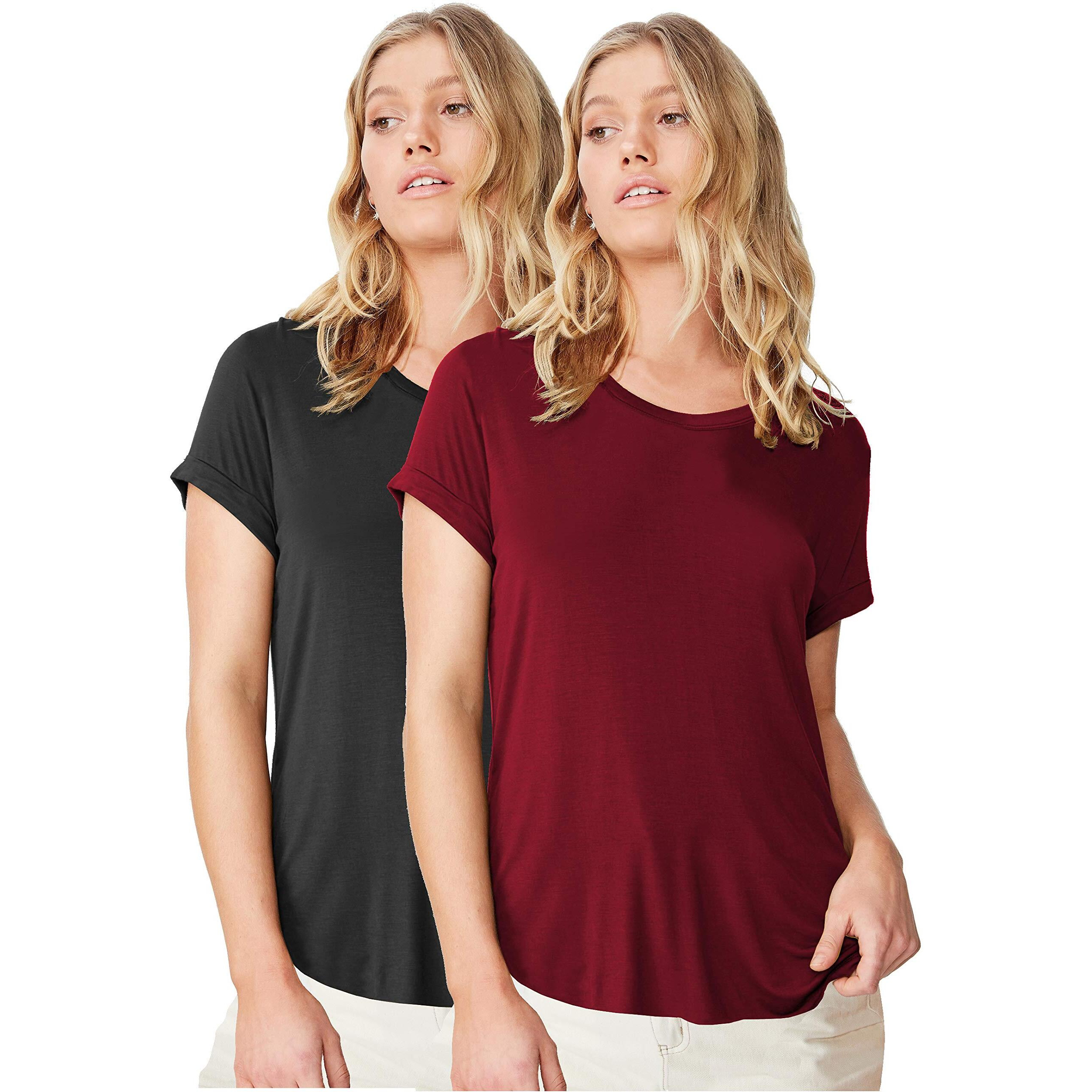 Fabricorn Stylish Combo of Plain Burgundy and Black Color Up and Down Cotton Tshirt for Women (Black and Burgundy, Large)