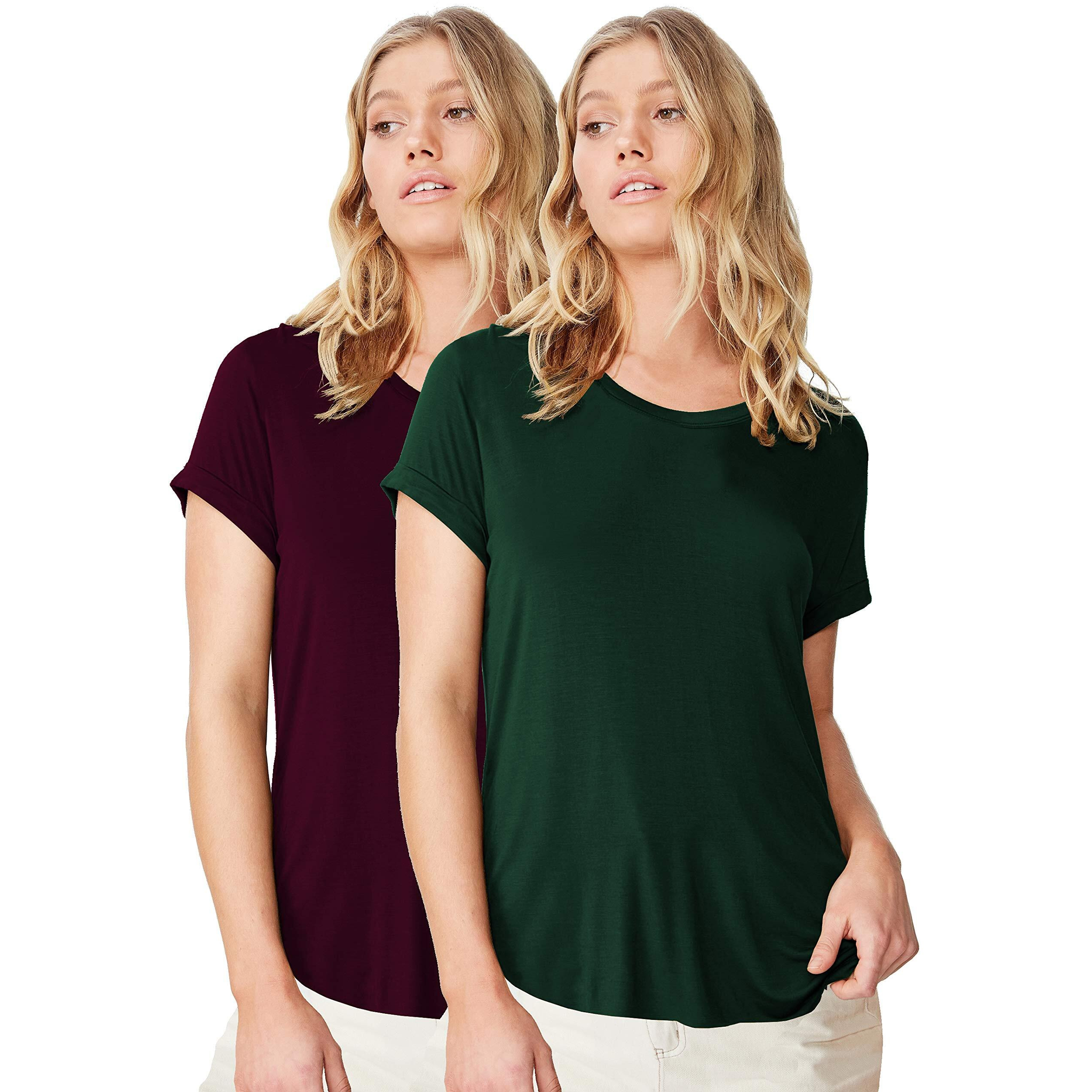 Fabricorn Stylish Combo of Plain B. Green and Wine Color Up and Down Cotton Tshirt for Women (Wine and B. Green, X-Large)