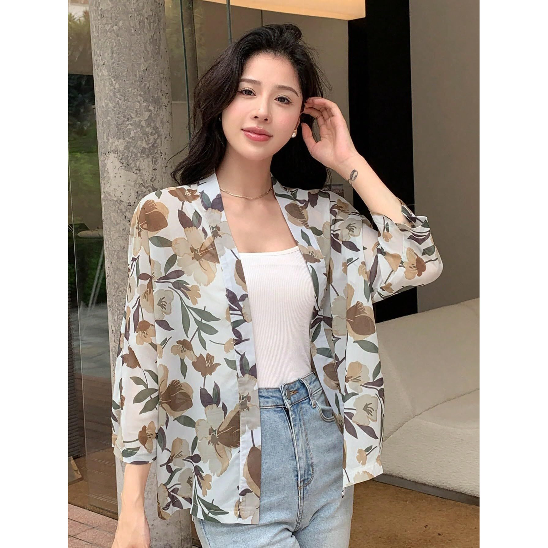 TOPLOT Women's Front Open Floral Printed Shrug Top Regular Fit (Shrug-5148-Yellow-S)