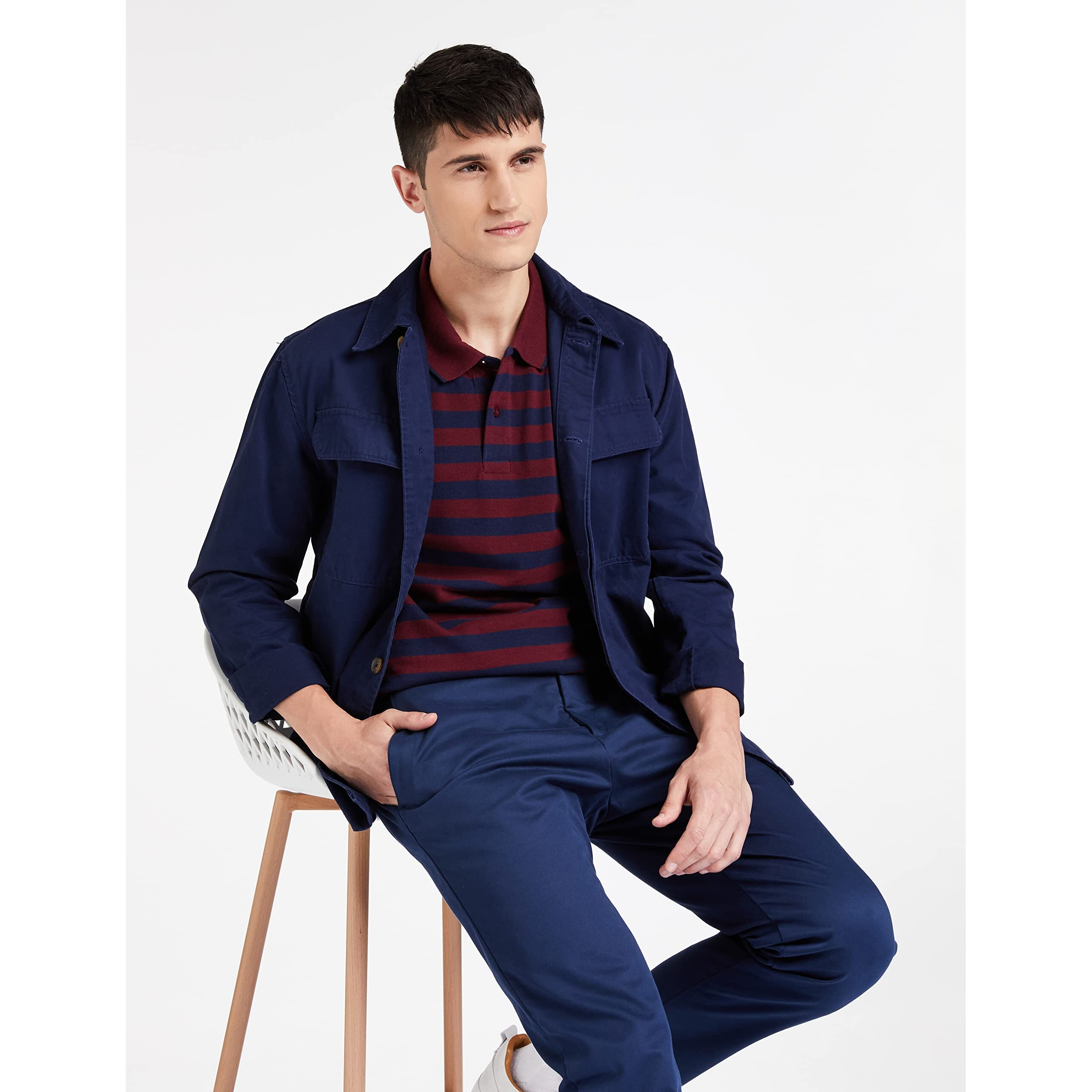 Amazon Brand - Symbol Men's Cotton Rich Striped Polo T Shirt | Collar Tshirts | Half Sleeves - Regular Fit (Pomegrante and Peacot Blue_4XL)