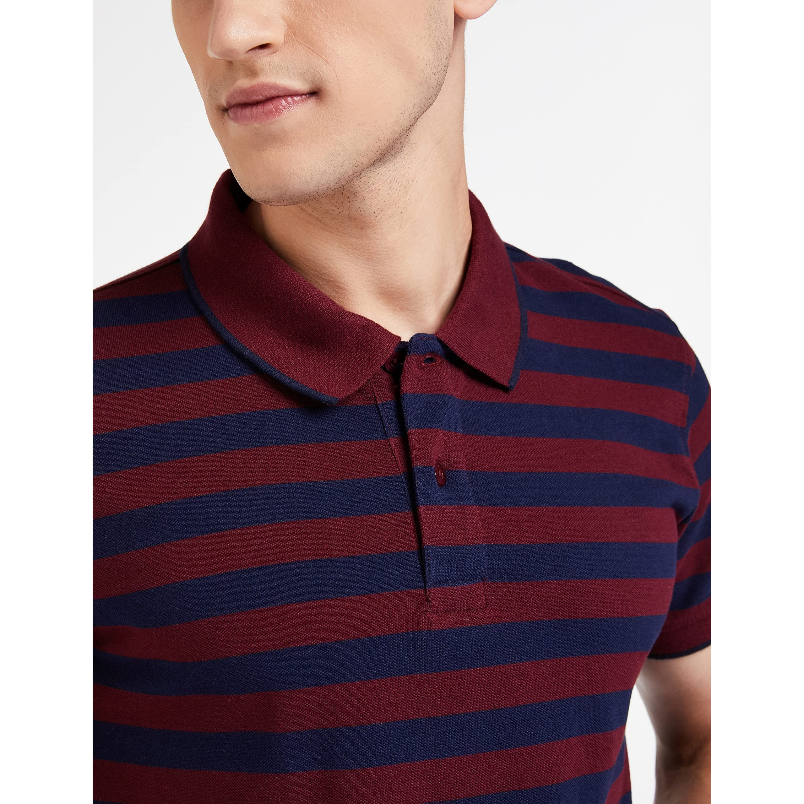 Amazon Brand - Symbol Men's Cotton Rich Striped Polo T Shirt | Collar Tshirts | Half Sleeves - Regular Fit (Pomegrante and Peacot Blue_4XL)