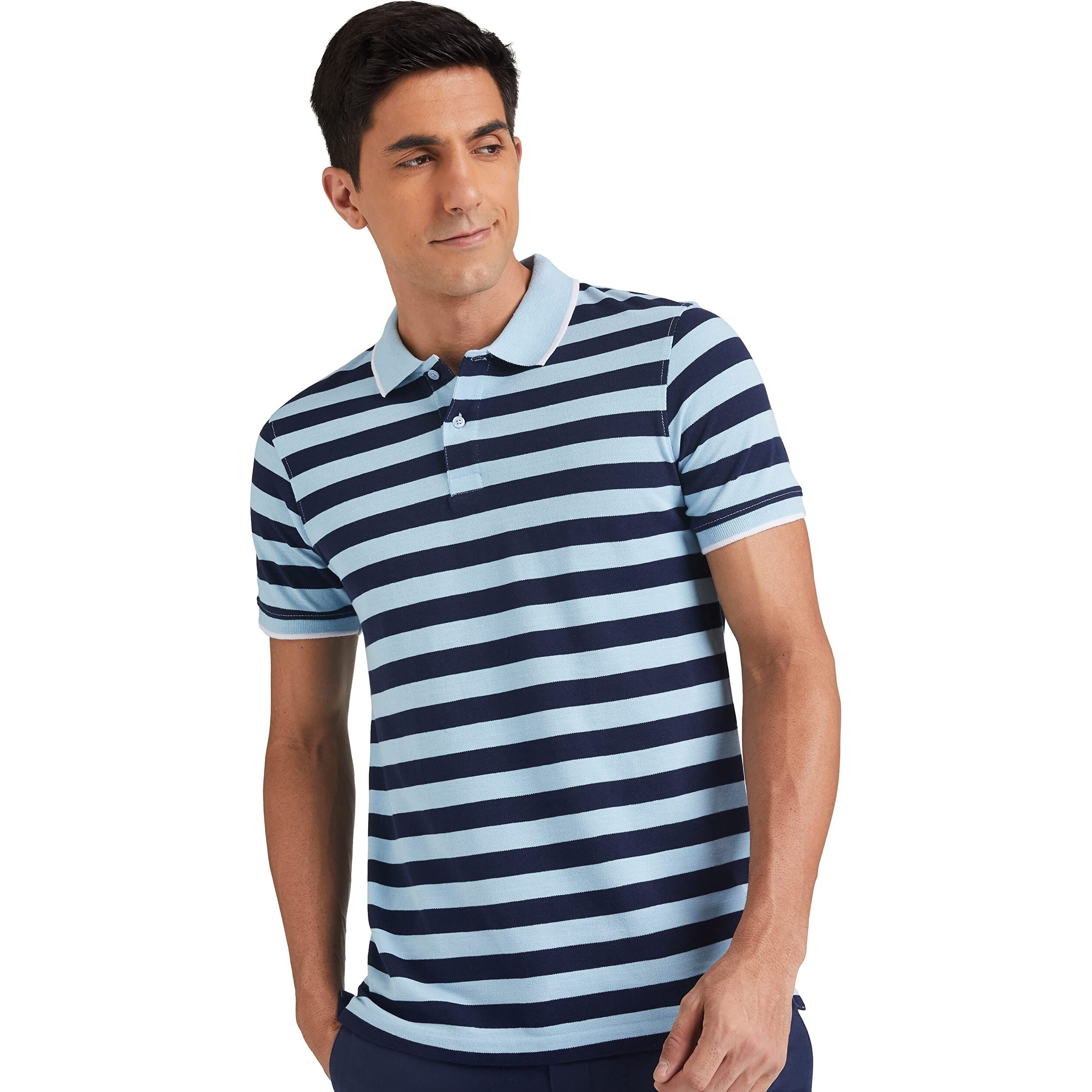 Amazon Brand - Symbol Men's Cotton Rich Striped Polo T Shirt | Collar Tshirts | Half Sleeves - Regular Fit (Light Sky & Iris Navy_L)