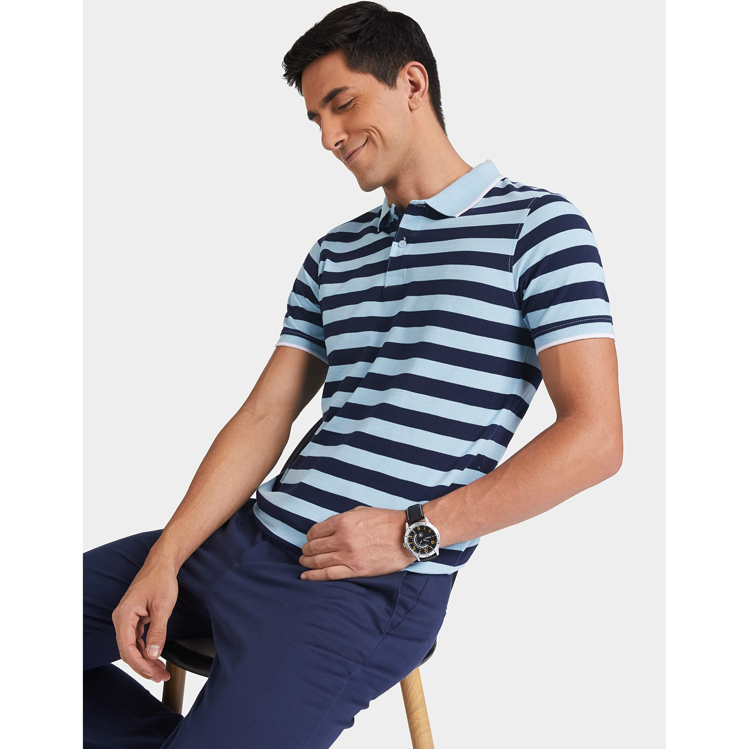 Amazon Brand - Symbol Men's Cotton Rich Striped Polo T Shirt | Collar Tshirts | Half Sleeves - Regular Fit (Light Sky & Iris Navy_L)