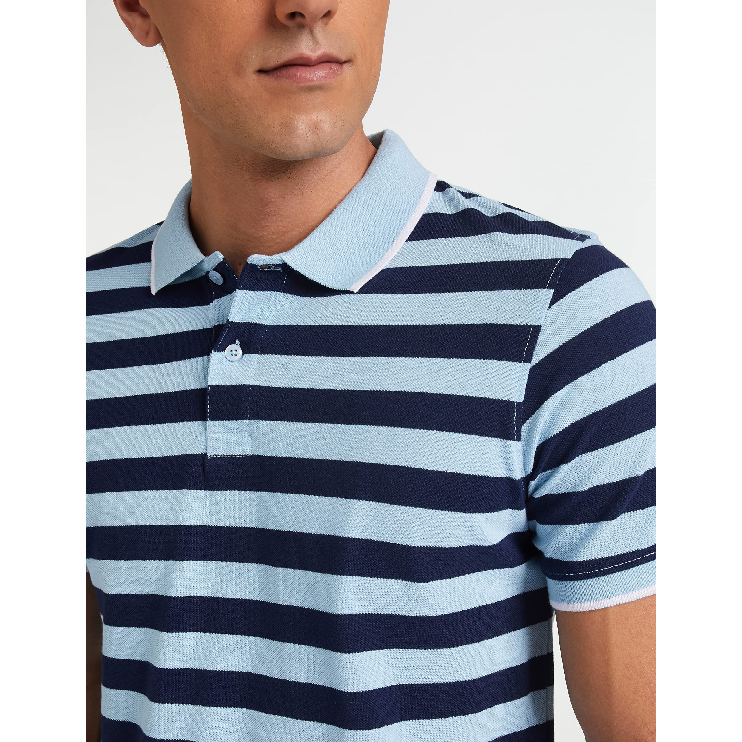 Amazon Brand - Symbol Men's Cotton Rich Striped Polo T Shirt | Collar Tshirts | Half Sleeves - Regular Fit (Light Sky & Iris Navy_L)