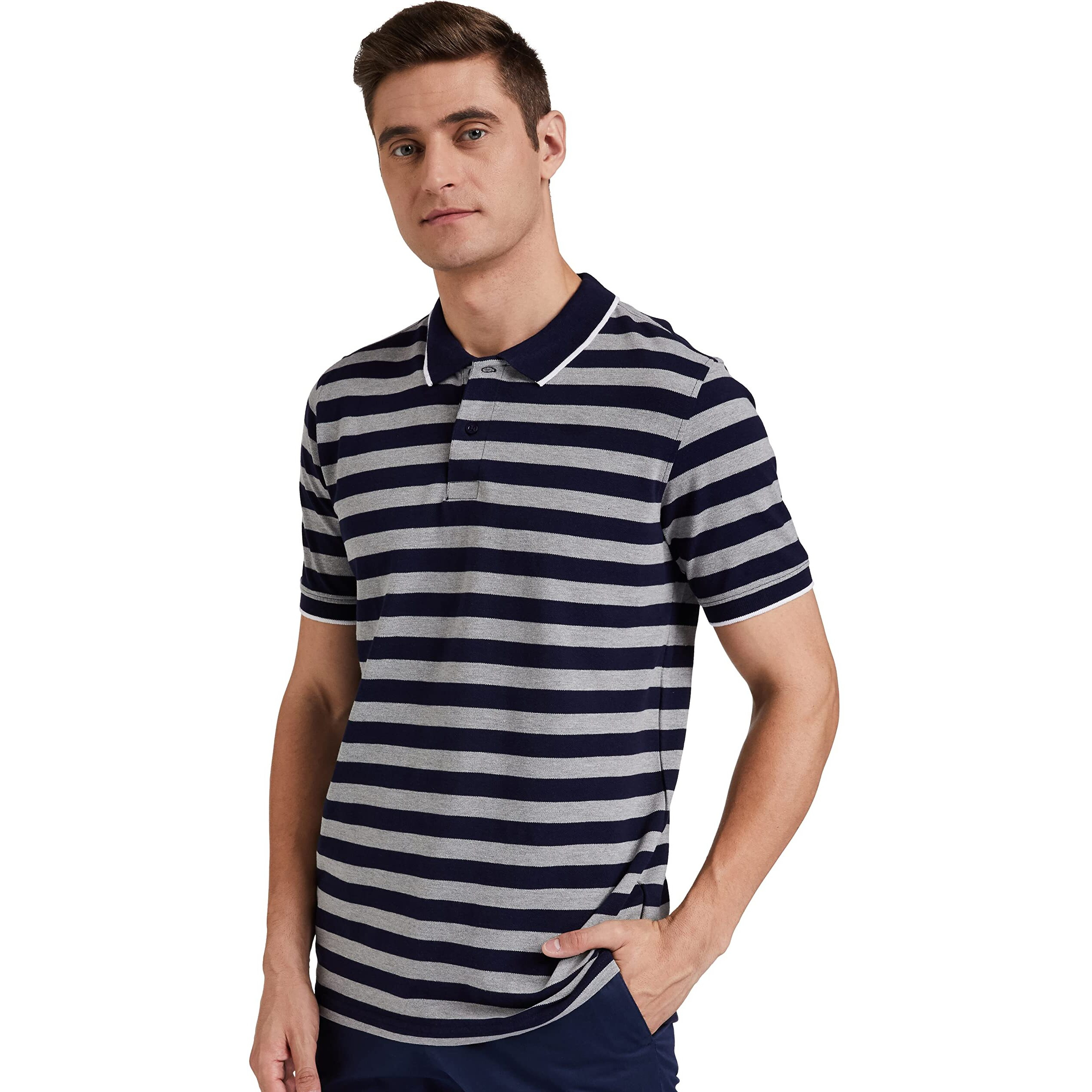 Amazon Brand - Symbol Men's Cotton Rich Striped Polo T Shirt | Collar Tshirts | Half Sleeves - Regular Fit (Peacot Blue and Mid Grey_4XL)