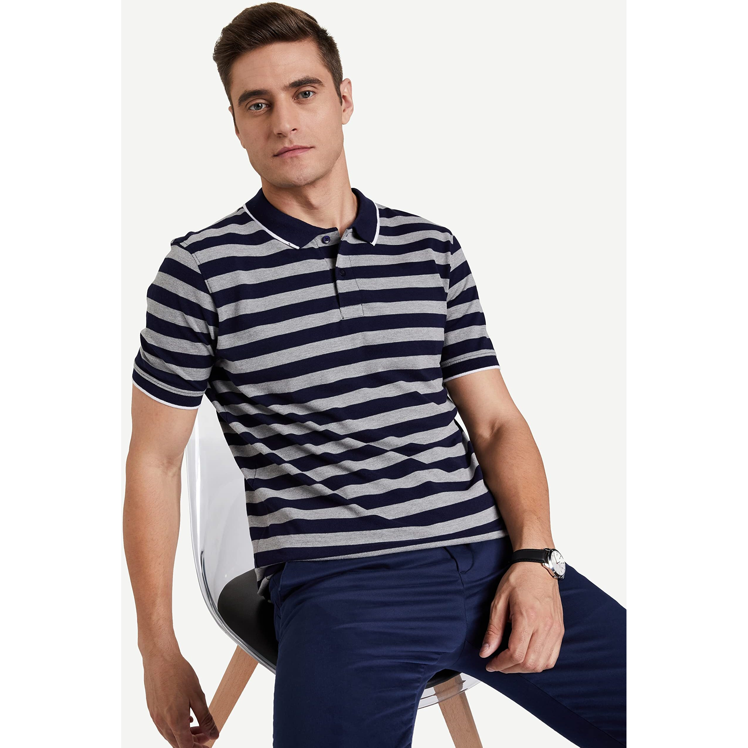 Amazon Brand - Symbol Men's Cotton Rich Striped Polo T Shirt | Collar Tshirts | Half Sleeves - Regular Fit (Peacot Blue and Mid Grey_4XL)