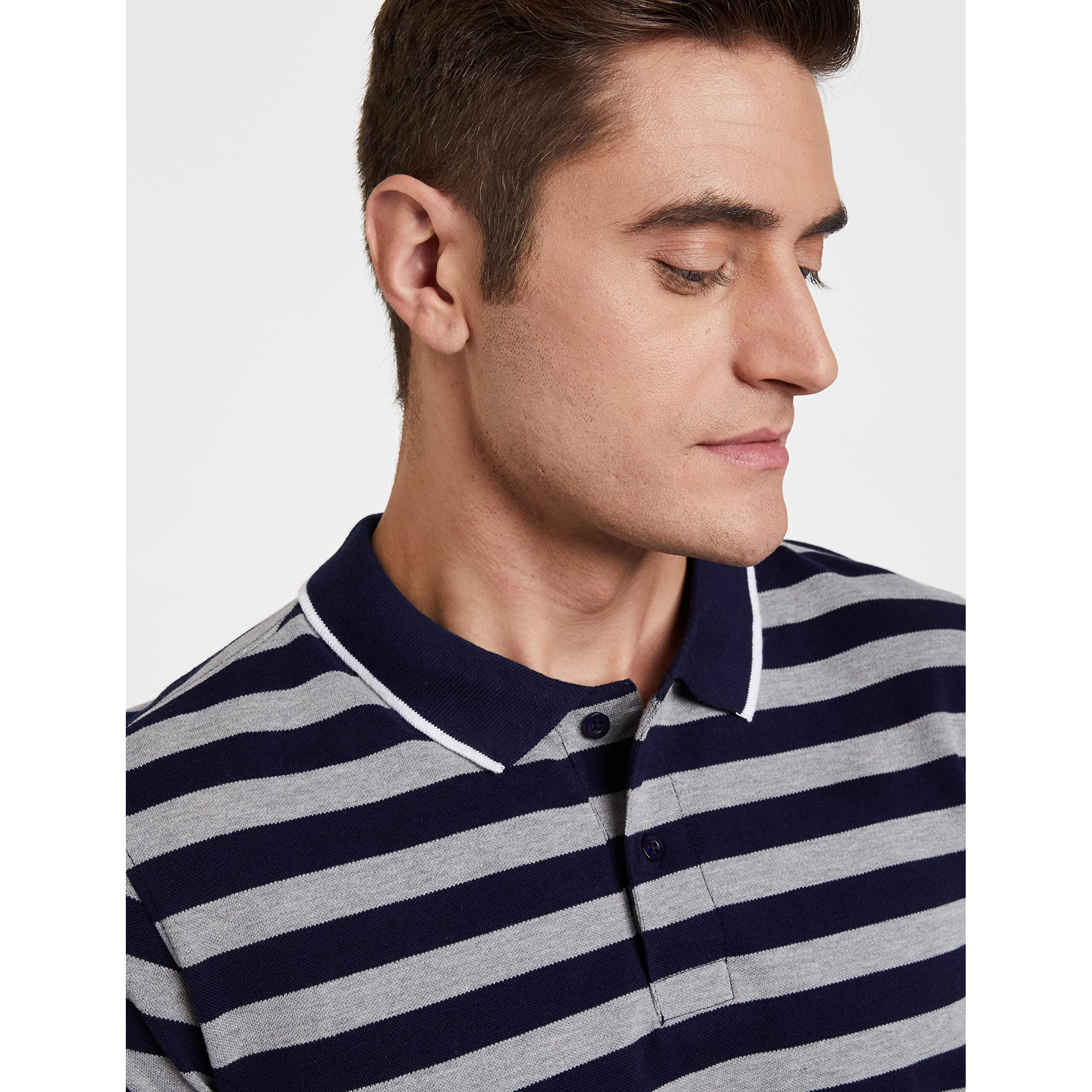Amazon Brand - Symbol Men's Cotton Rich Striped Polo T Shirt | Collar Tshirts | Half Sleeves - Regular Fit (Peacot Blue and Mid Grey_4XL)