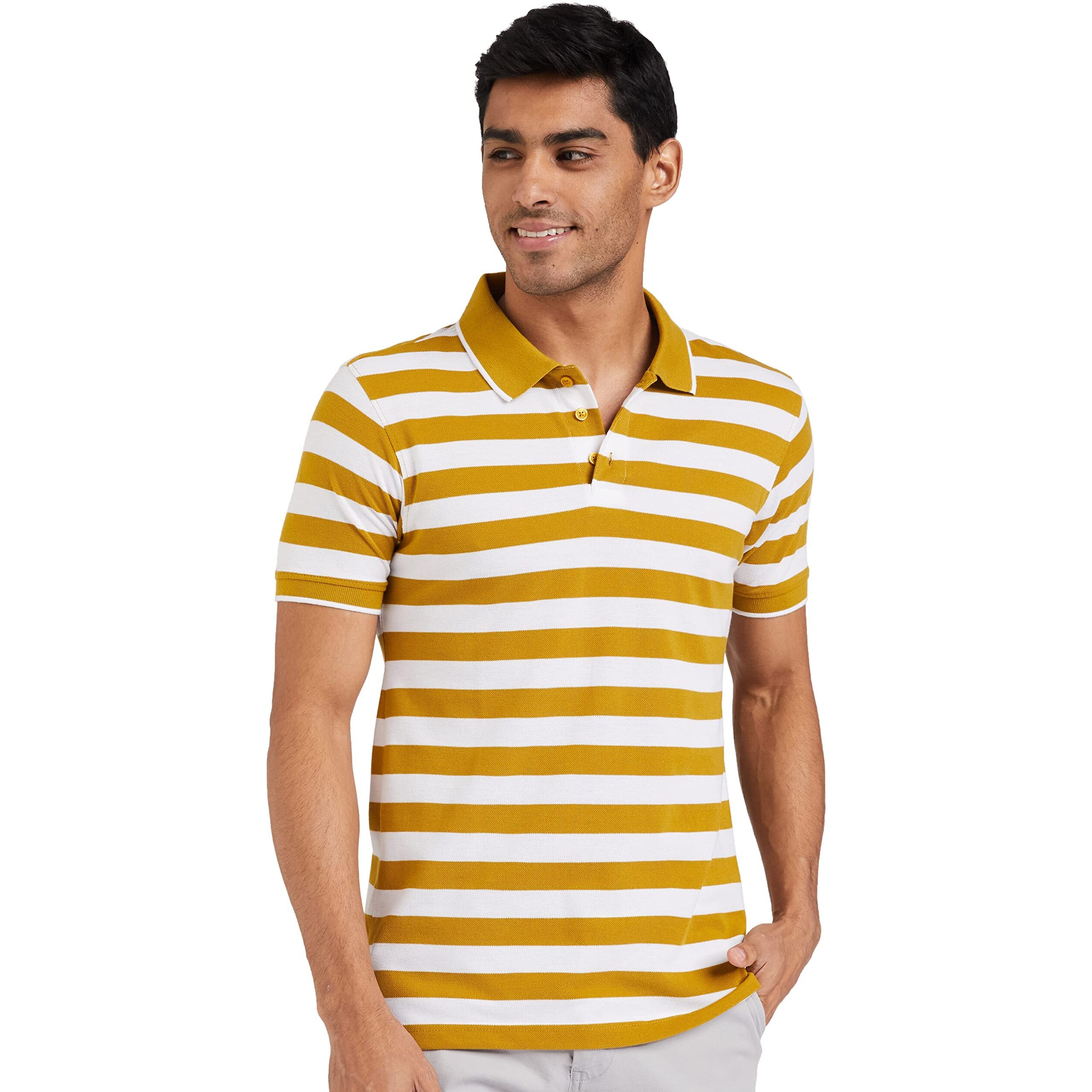 Amazon Brand - Symbol Men's Cotton Rich Striped Polo T Shirt | Collar Tshirts | Half Sleeves - Regular Fit (Mineral Yellow and White_4XL)
