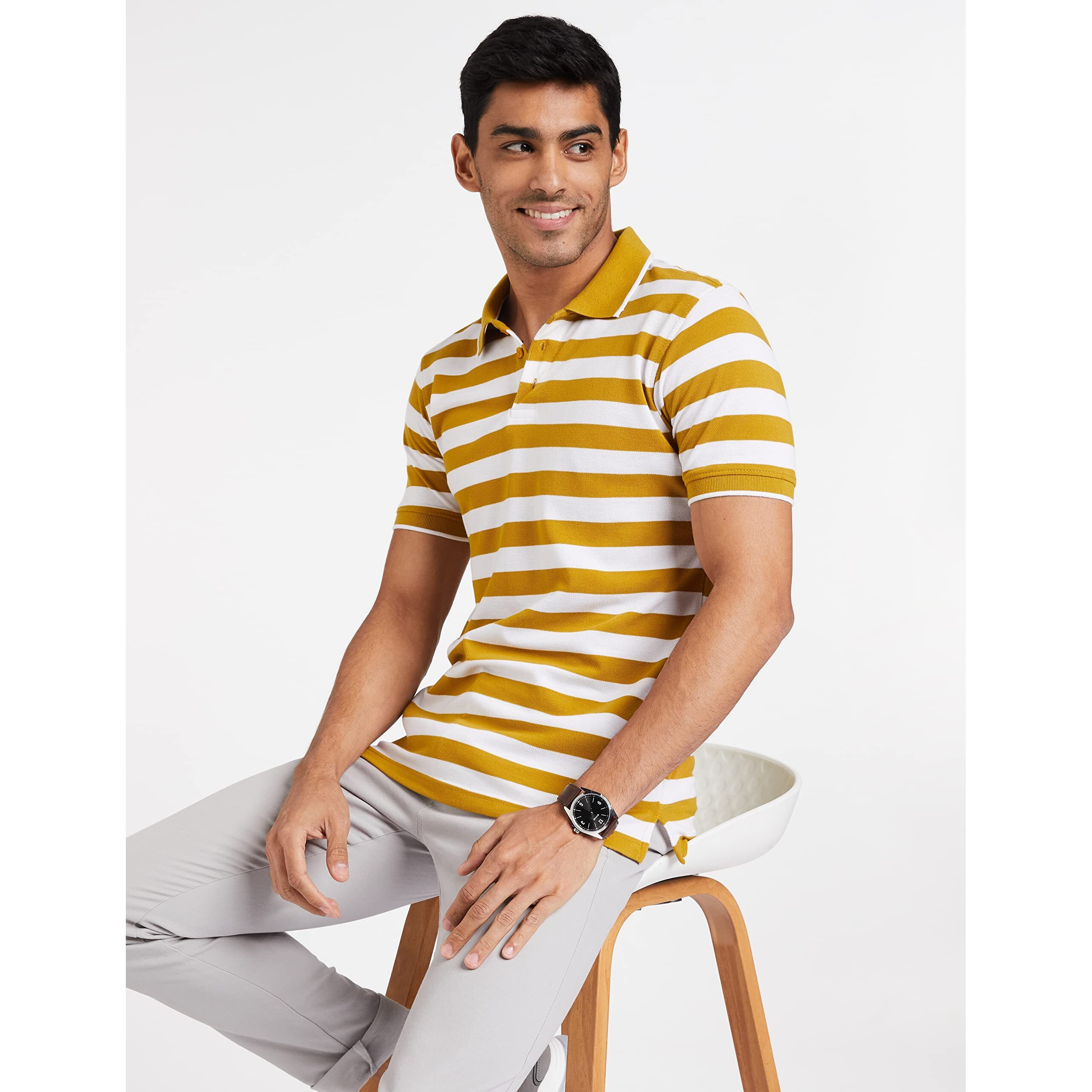 Amazon Brand - Symbol Men's Cotton Rich Striped Polo T Shirt | Collar Tshirts | Half Sleeves - Regular Fit (Mineral Yellow and White_4XL)