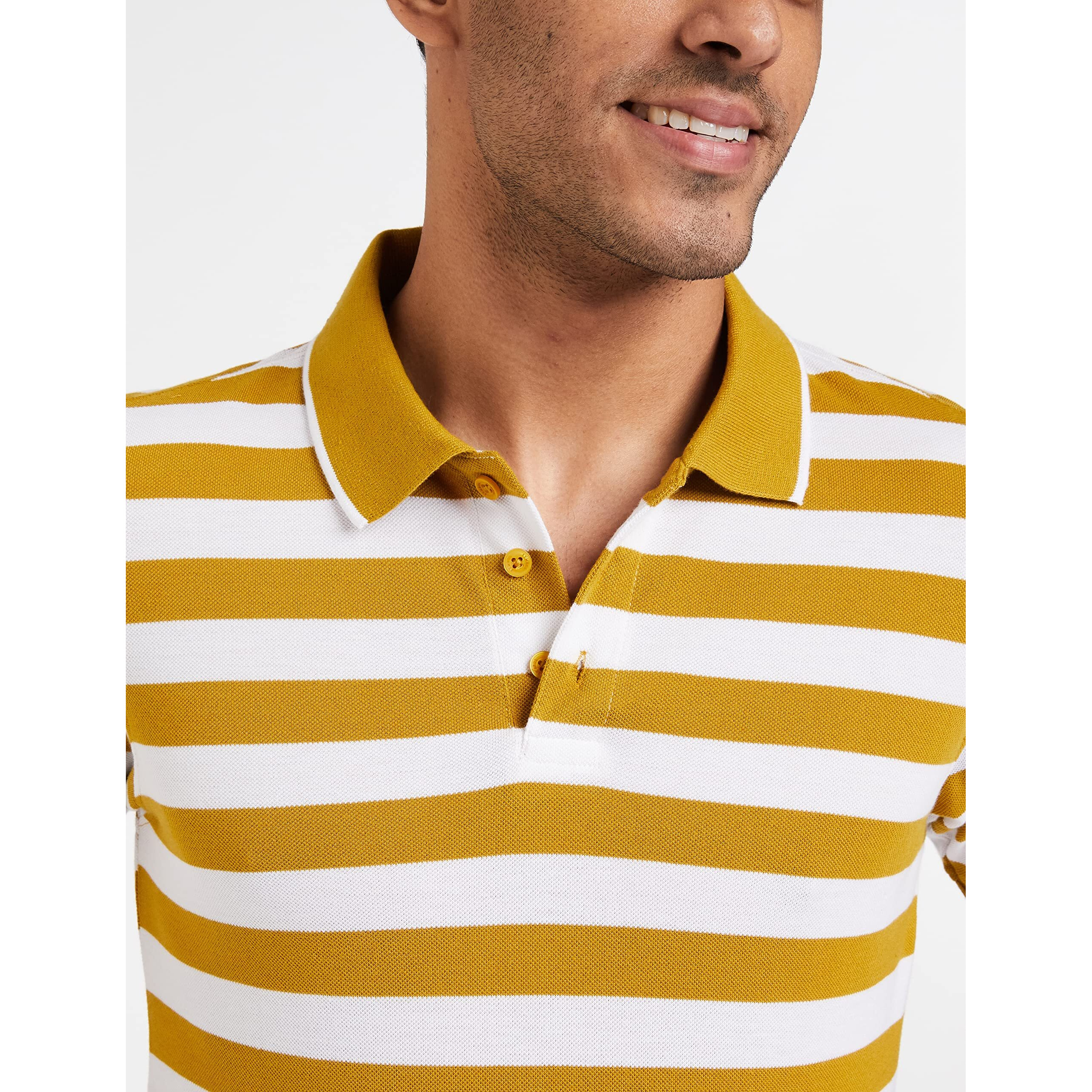 Amazon Brand - Symbol Men's Cotton Rich Striped Polo T Shirt | Collar Tshirts | Half Sleeves - Regular Fit (Mineral Yellow and White_4XL)