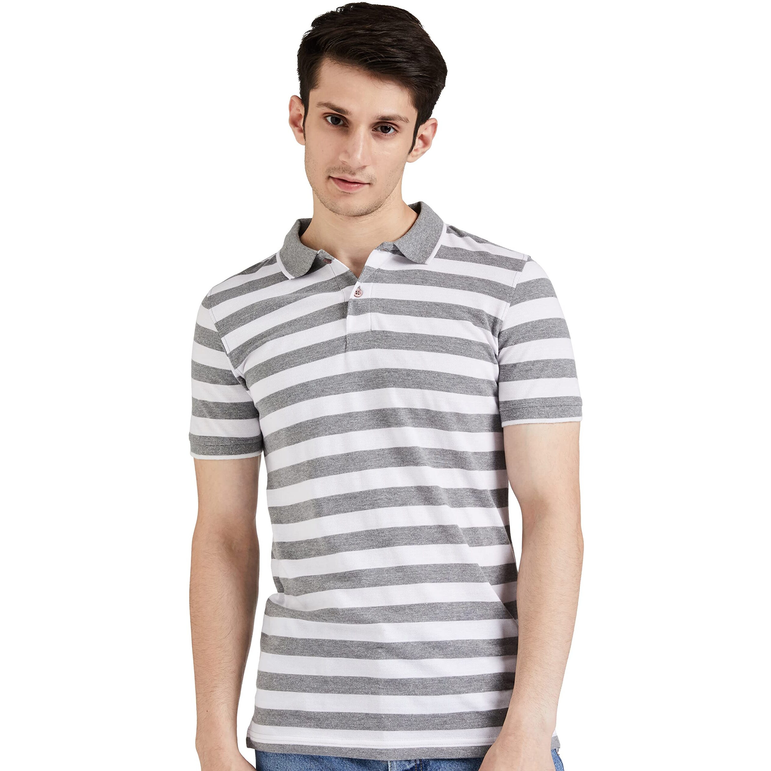 Amazon Brand - Symbol Men's Cotton Rich Striped Polo T Shirt | Collar Tshirts | Half Sleeves - Regular Fit (Mid Grey and White_S)