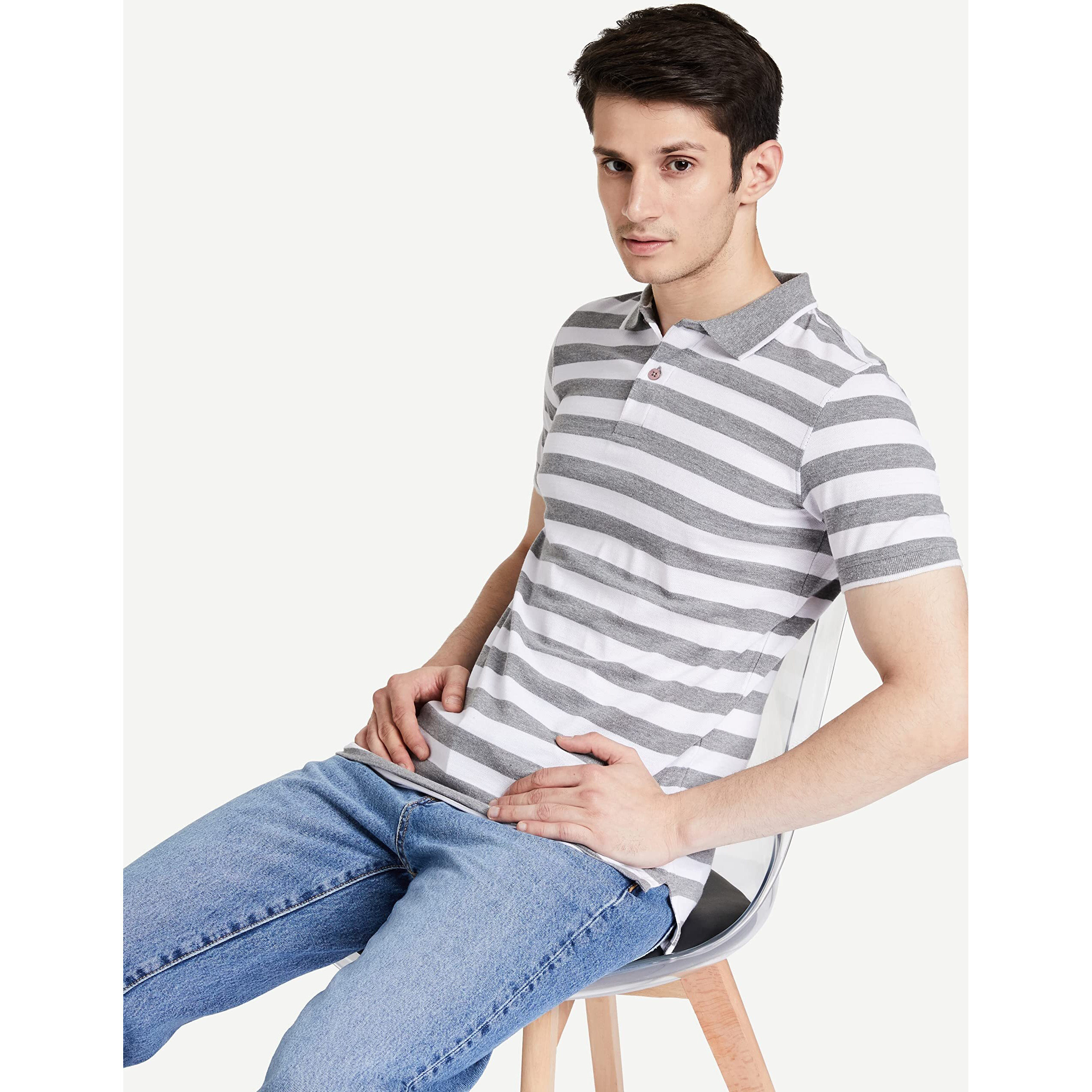 Amazon Brand - Symbol Men's Cotton Rich Striped Polo T Shirt | Collar Tshirts | Half Sleeves - Regular Fit (Mid Grey and White_S)