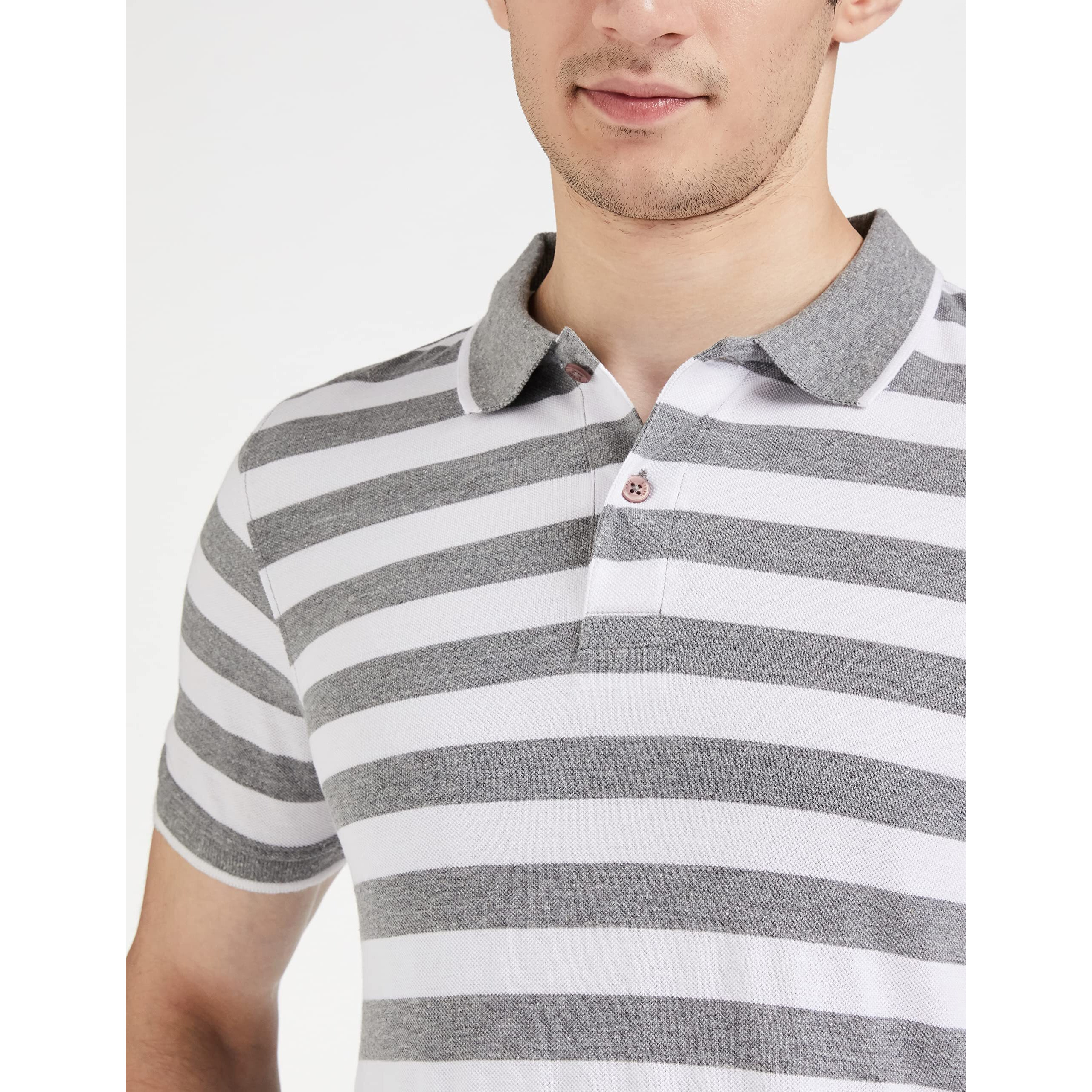 Amazon Brand - Symbol Men's Cotton Rich Striped Polo T Shirt | Collar Tshirts | Half Sleeves - Regular Fit (Mid Grey and White_S)