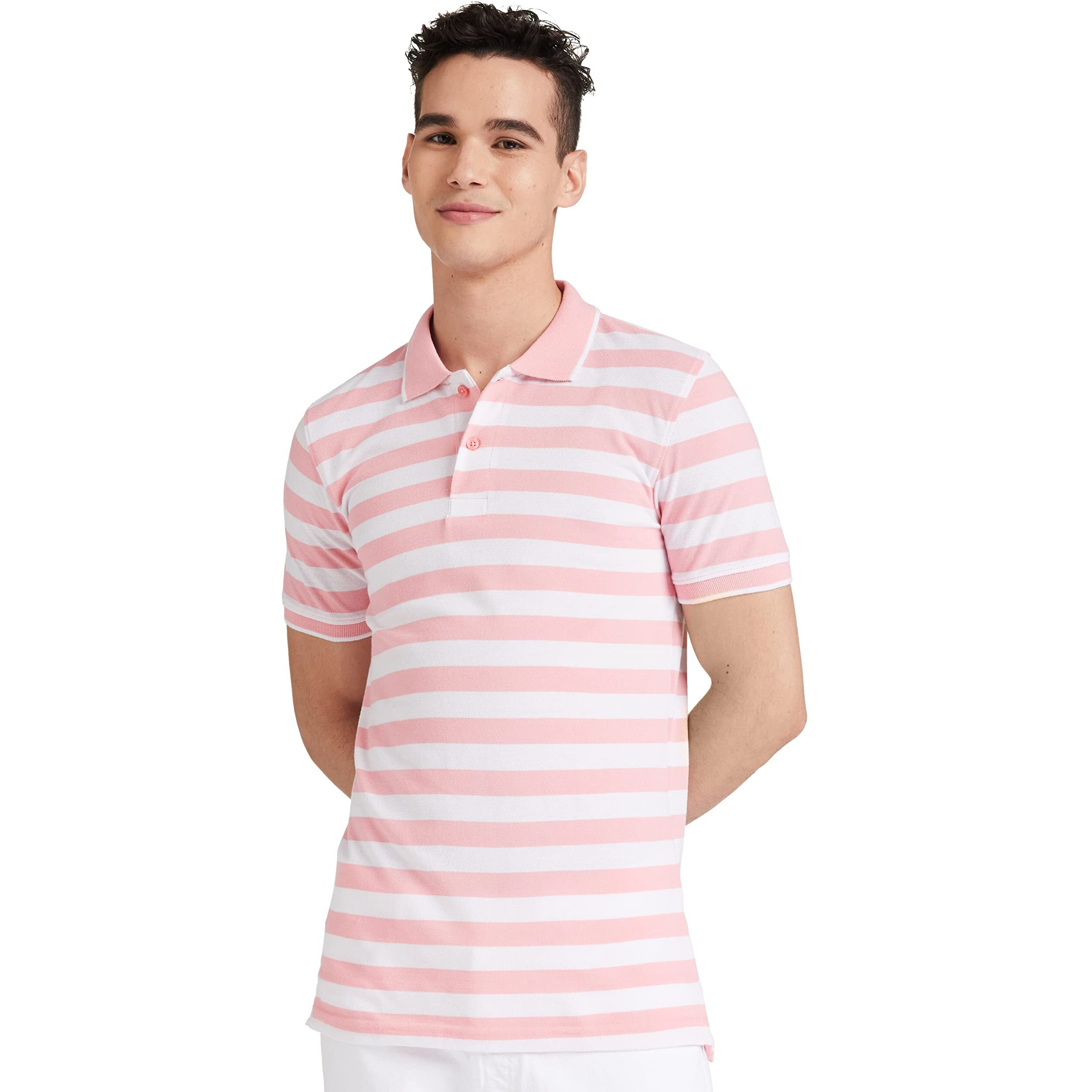 Amazon Brand - Symbol Men's Cotton Rich Striped Polo T Shirt | Collar Tshirts | Half Sleeves - Regular Fit (Pink and White_4XL)