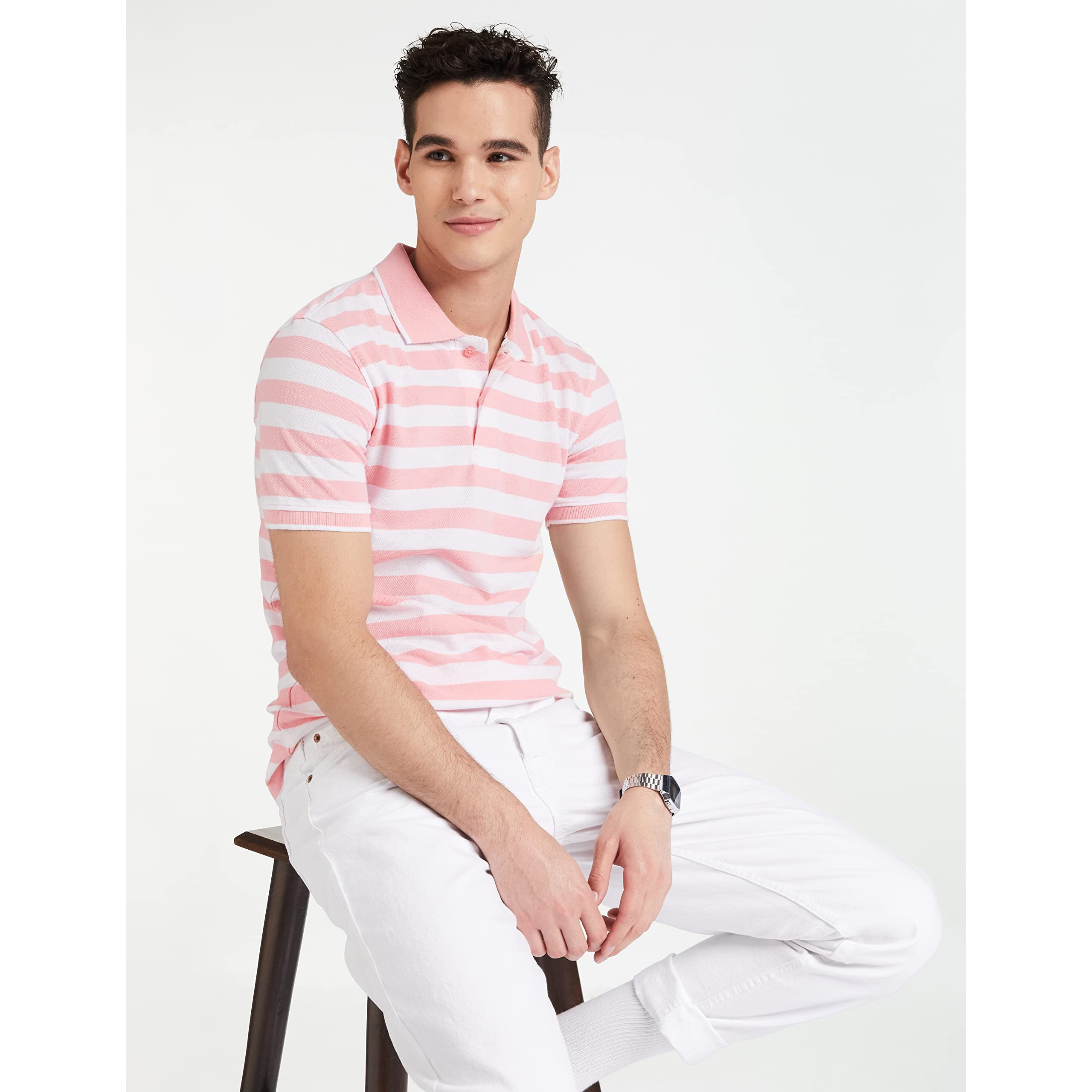 Amazon Brand - Symbol Men's Cotton Rich Striped Polo T Shirt | Collar Tshirts | Half Sleeves - Regular Fit (Pink and White_4XL)