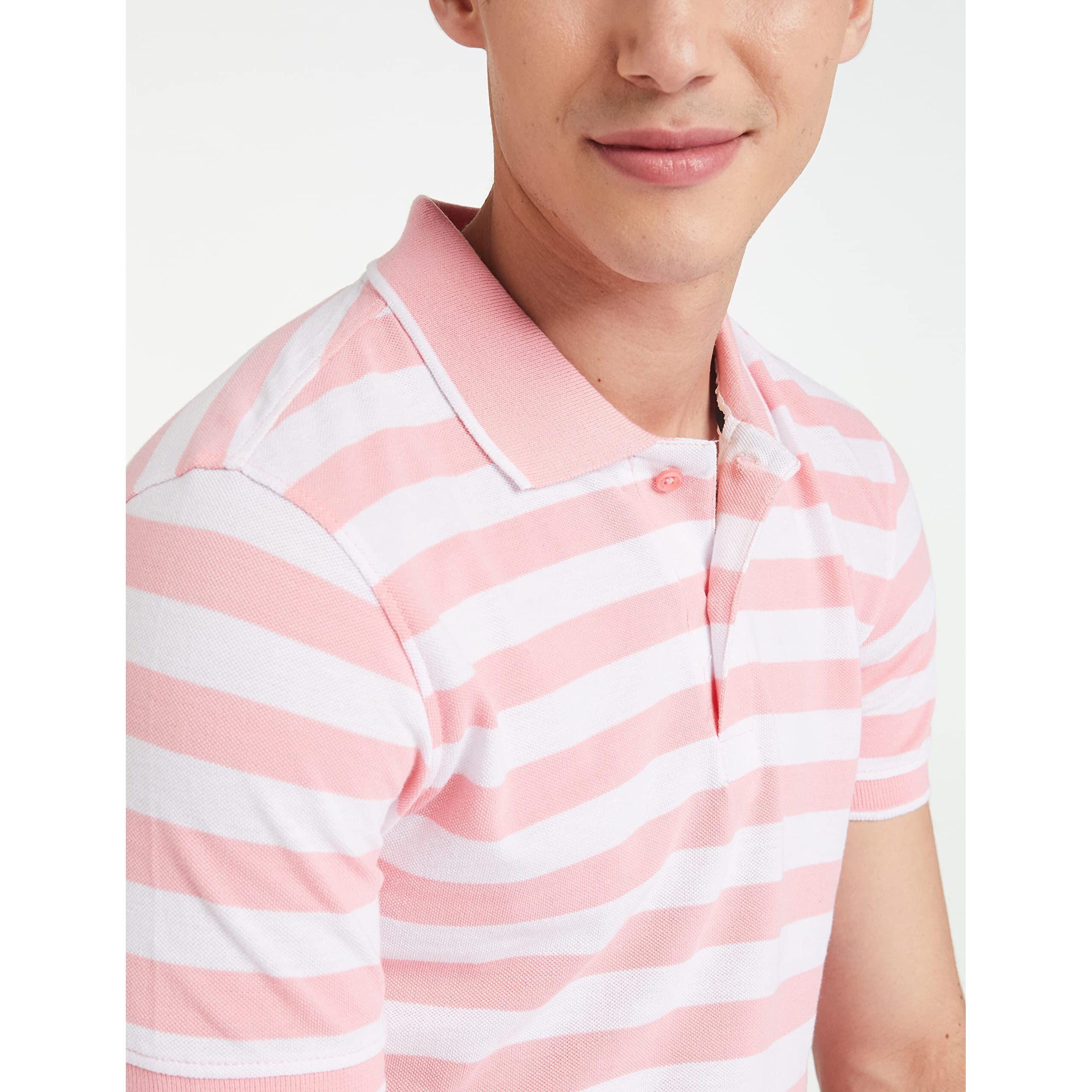 Amazon Brand - Symbol Men's Cotton Rich Striped Polo T Shirt | Collar Tshirts | Half Sleeves - Regular Fit (Pink and White_4XL)