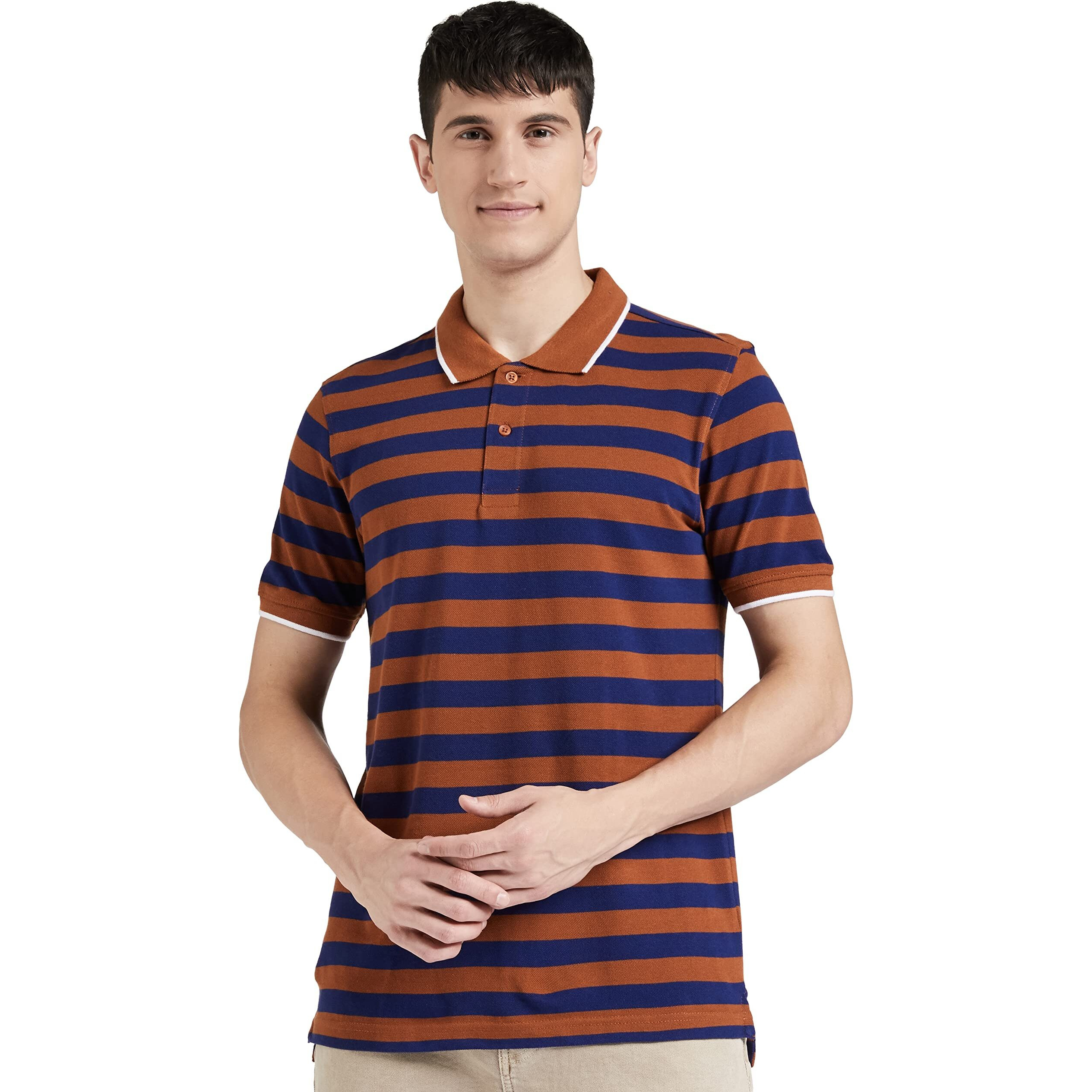 Amazon Brand - Symbol Men's Cotton Rich Striped Polo T Shirt | Collar Tshirts | Half Sleeves - Regular Fit (Glazed Ginger and Estate Blue_L)