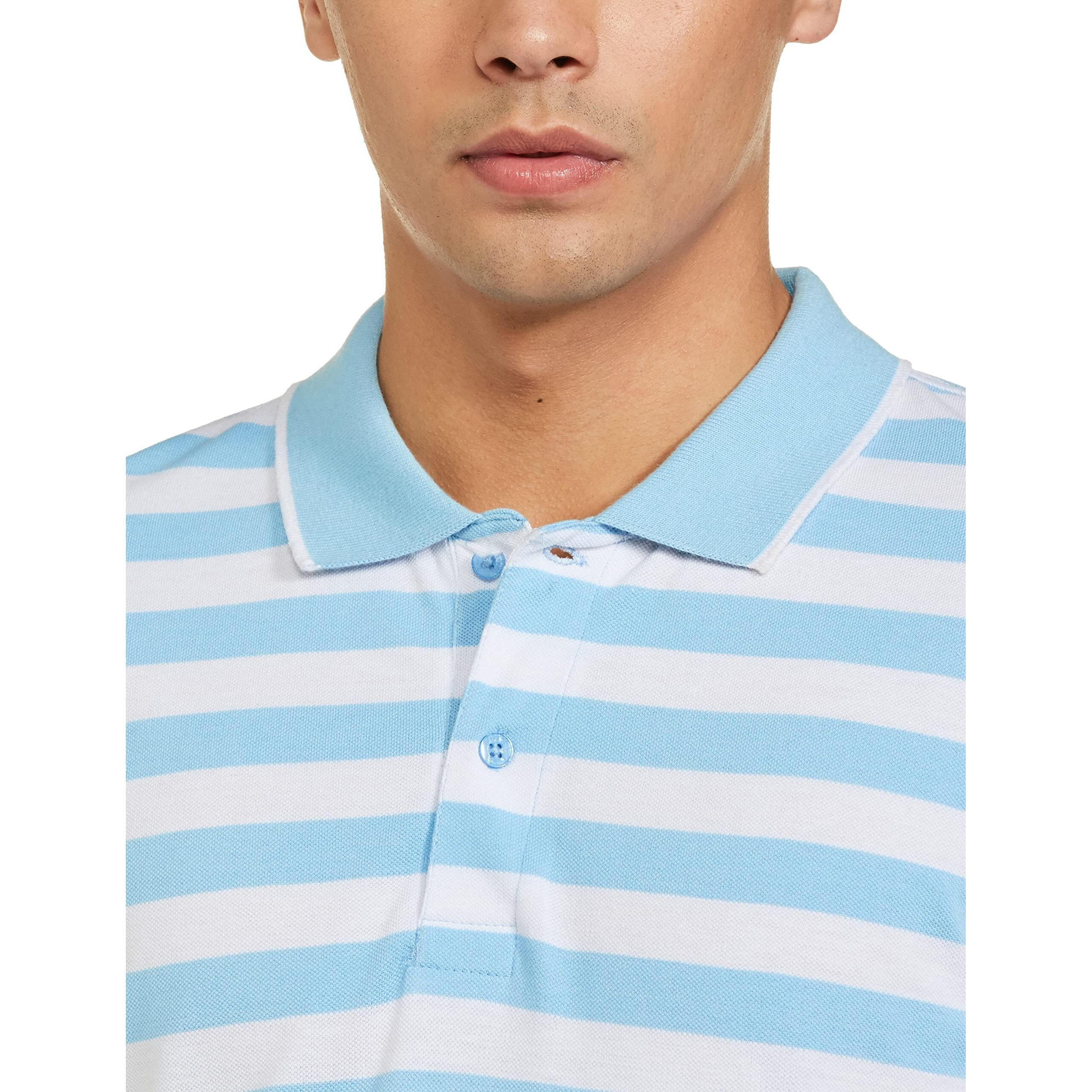 Amazon Brand - Symbol Men's Cotton Rich Striped Polo T Shirt | Collar Tshirts | Half Sleeves - Regular Fit (Sky Blue and White_XL)