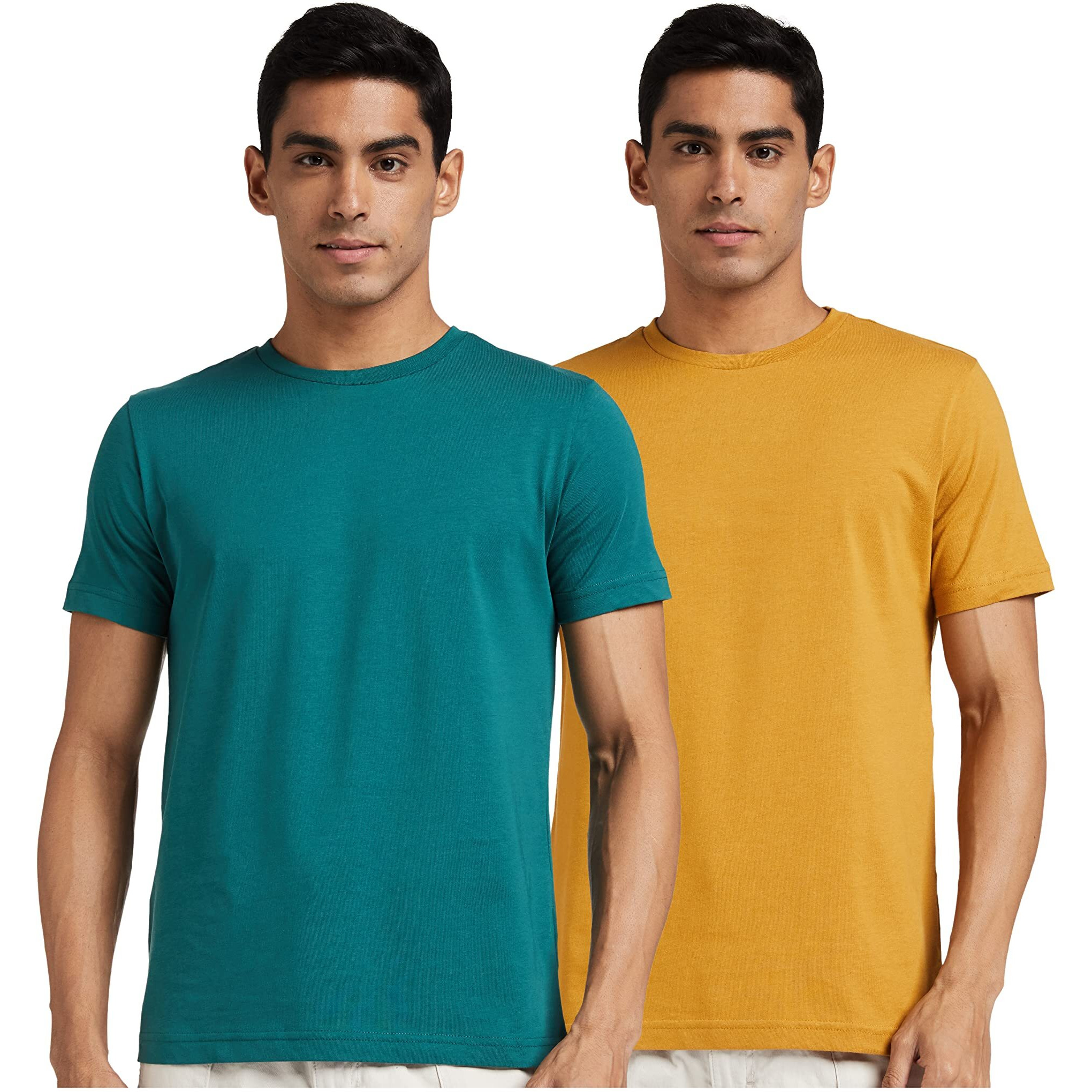 Amazon Brand - Symbol Men's Solid Cotton T Shirt | Round Neck | Half Sleeve | Plain | Combo Pack of 2-Regular Fit (Available in Plus Size) (AW17PLPO2-6_Viridian & Inca Gold M)