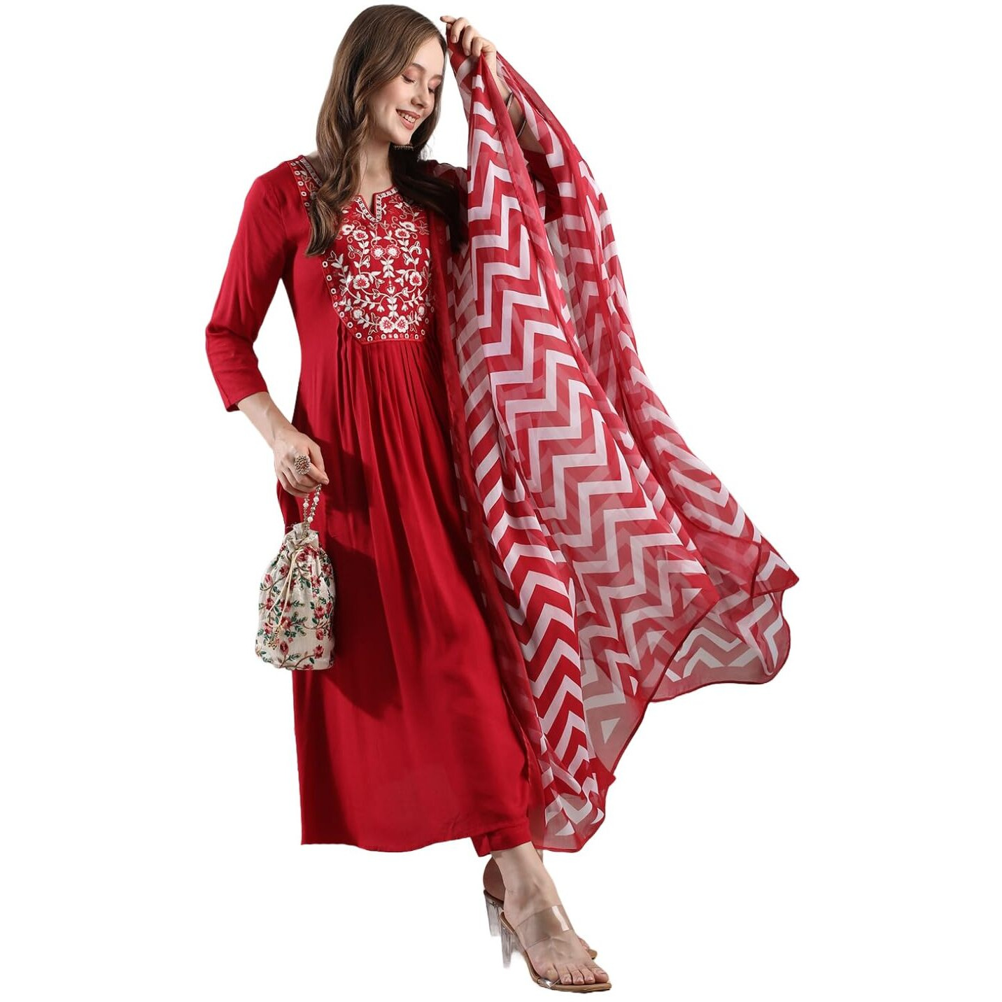 GoSriKi Women's Rayon Blend Anarkali Embroidered Kurta with Pant & Dupatta (VARALAXMI RED-VKS02-GS_S_Red_Small)
