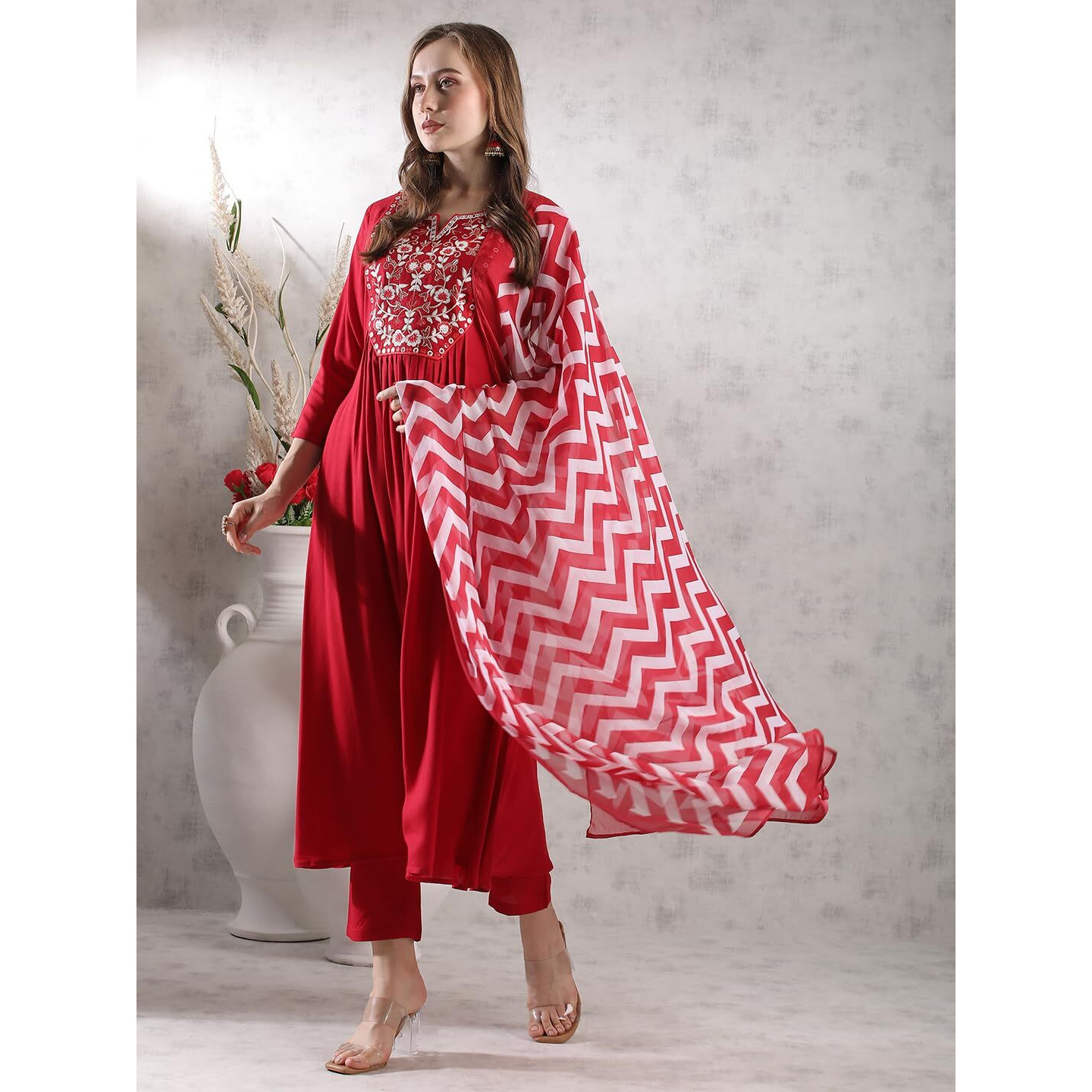 GoSriKi Women's Rayon Blend Anarkali Embroidered Kurta with Pant & Dupatta (VARALAXMI RED-VKS02-GS_S_Red_Small)