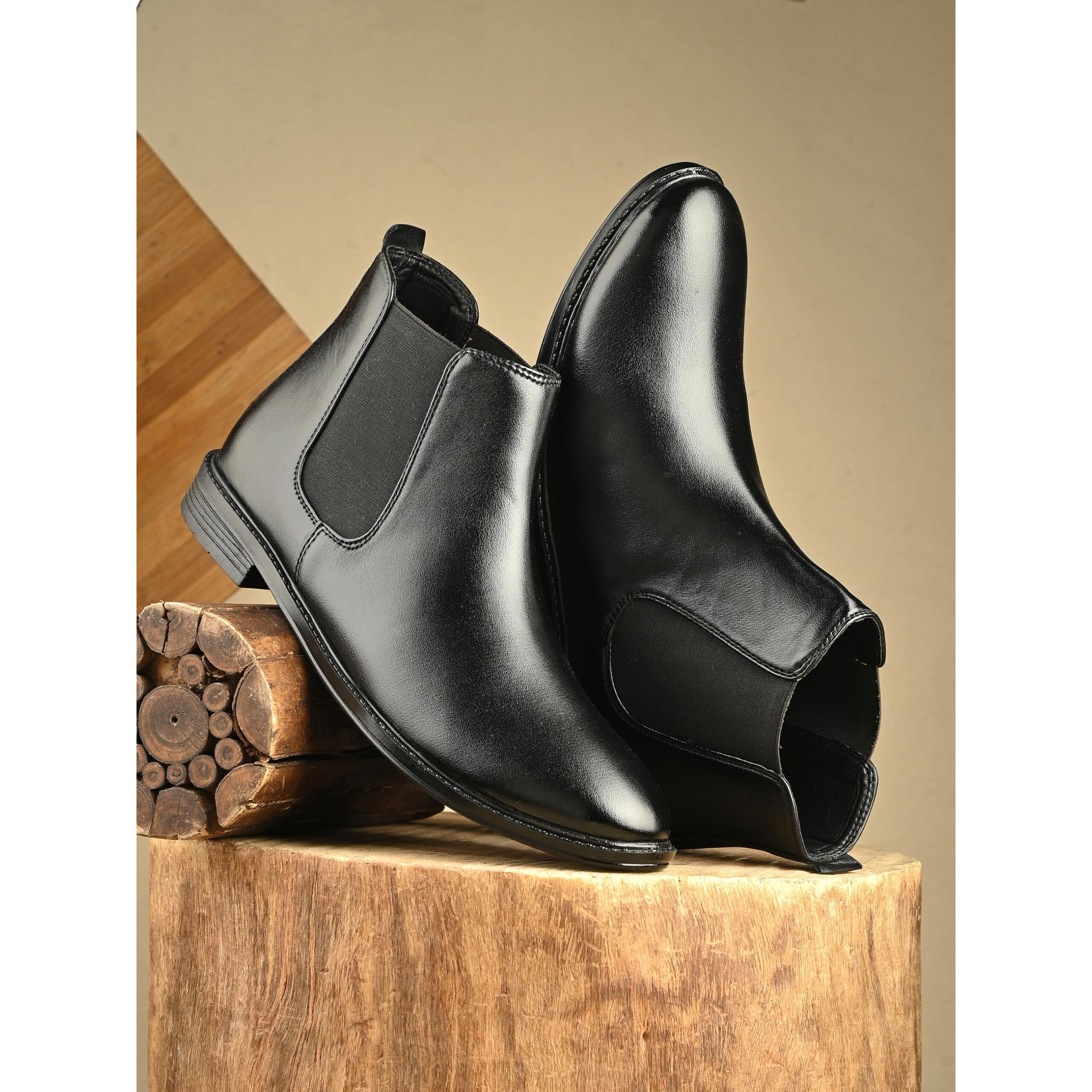 AADI Men's Black Synthetic Leather Lightweight Comfortable Trendy Outdoor Casual Shoes Slip On Chelsea Boots