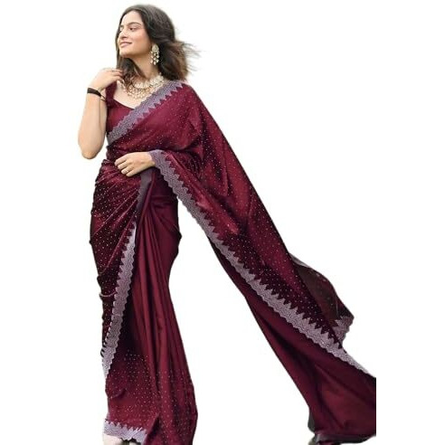 Yashika Women's Hot Fix Solid Color Satin Moss Saree with Unstitched Blouse Material (AZ-YS-OG1-PINTU-Parent_Maroon)