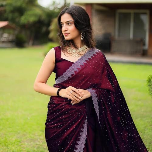 Yashika Women's Hot Fix Solid Color Satin Moss Saree with Unstitched Blouse Material (AZ-YS-OG1-PINTU-Parent_Maroon)