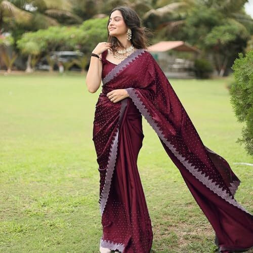 Yashika Women's Hot Fix Solid Color Satin Moss Saree with Unstitched Blouse Material (AZ-YS-OG1-PINTU-Parent_Maroon)