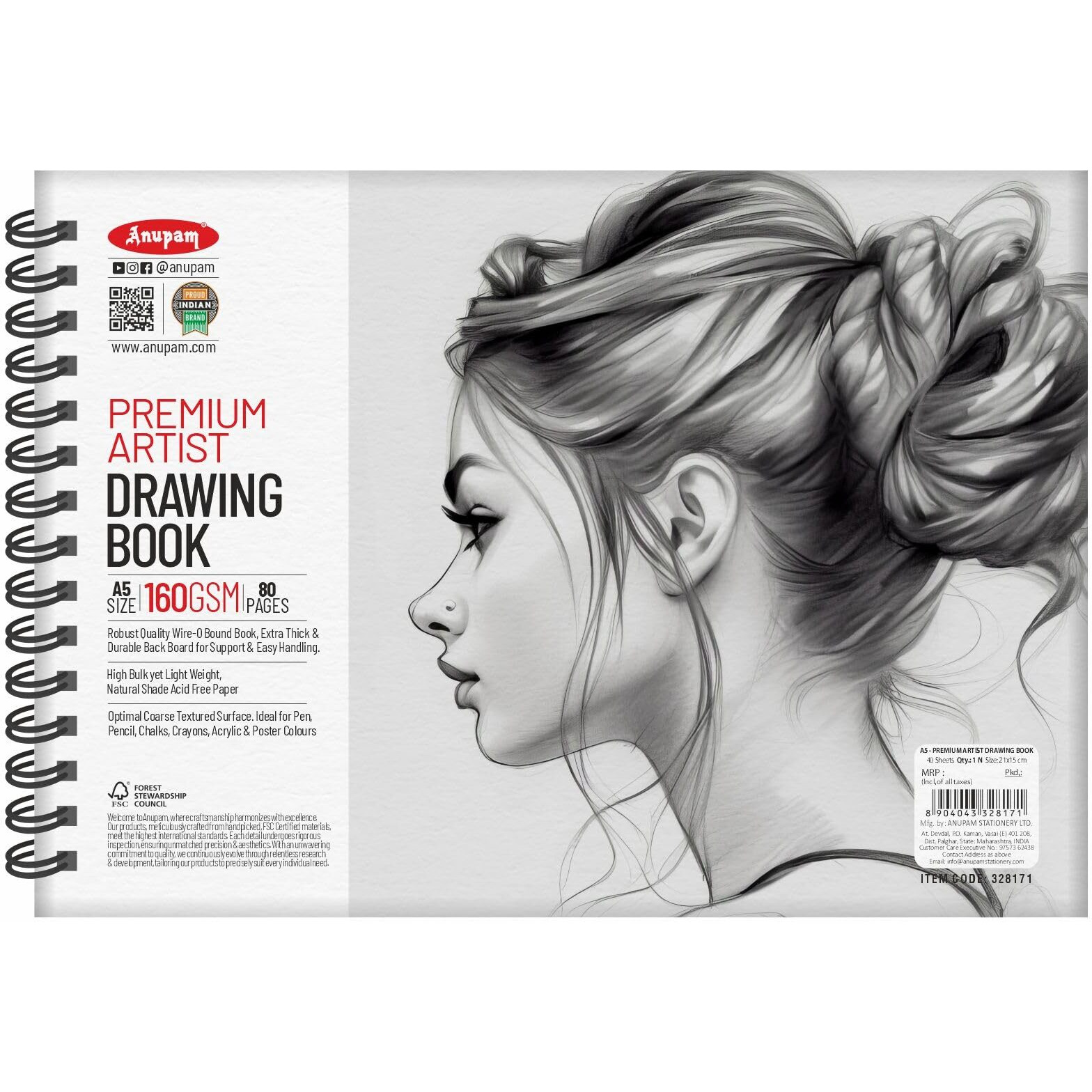 Anupam Artist Premium Drawing Book A5 | Acid-free Cartridge Paper 160GSM (40 Sheets, 80 Pages) | Spiral-Bound Sketchpad for Artists & Professionals for Marker Colored Pencil Charcoal Pastel (Set of 2)