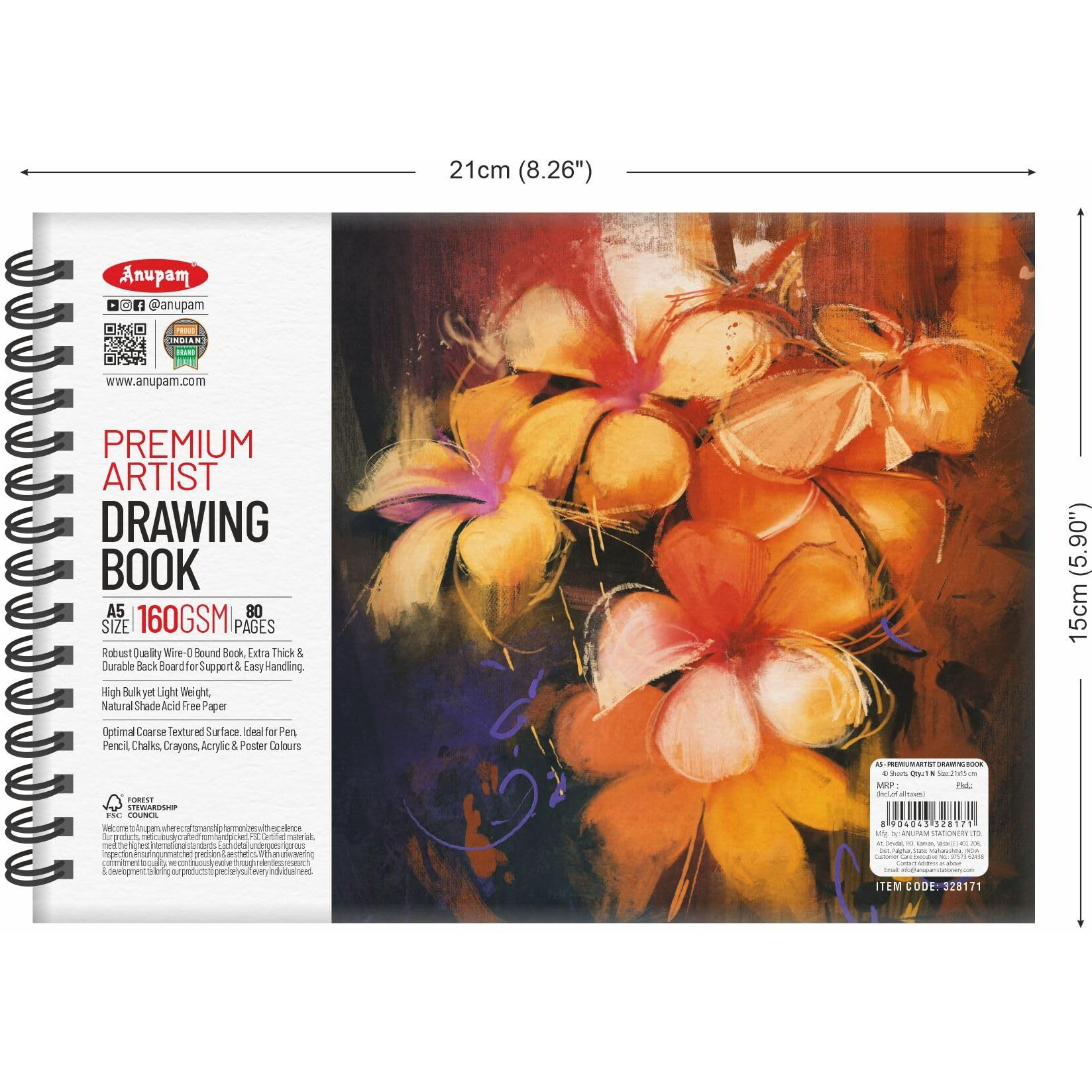 Anupam Artist Premium Drawing Book A5 | Acid-free Cartridge Paper 160GSM (40 Sheets, 80 Pages) | Spiral-Bound Sketchpad for Artists & Professionals for Marker Colored Pencil Charcoal Pastel (Set of 2)