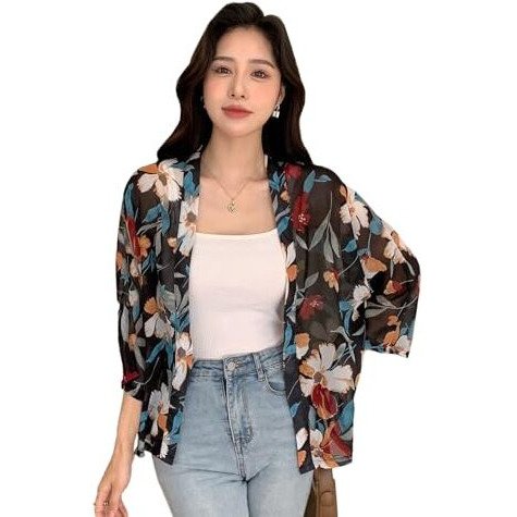 TOPLOT Women's Front Open Floral Printed Shrug Top Regular Fit (Shrug-5148-Black-XXL)